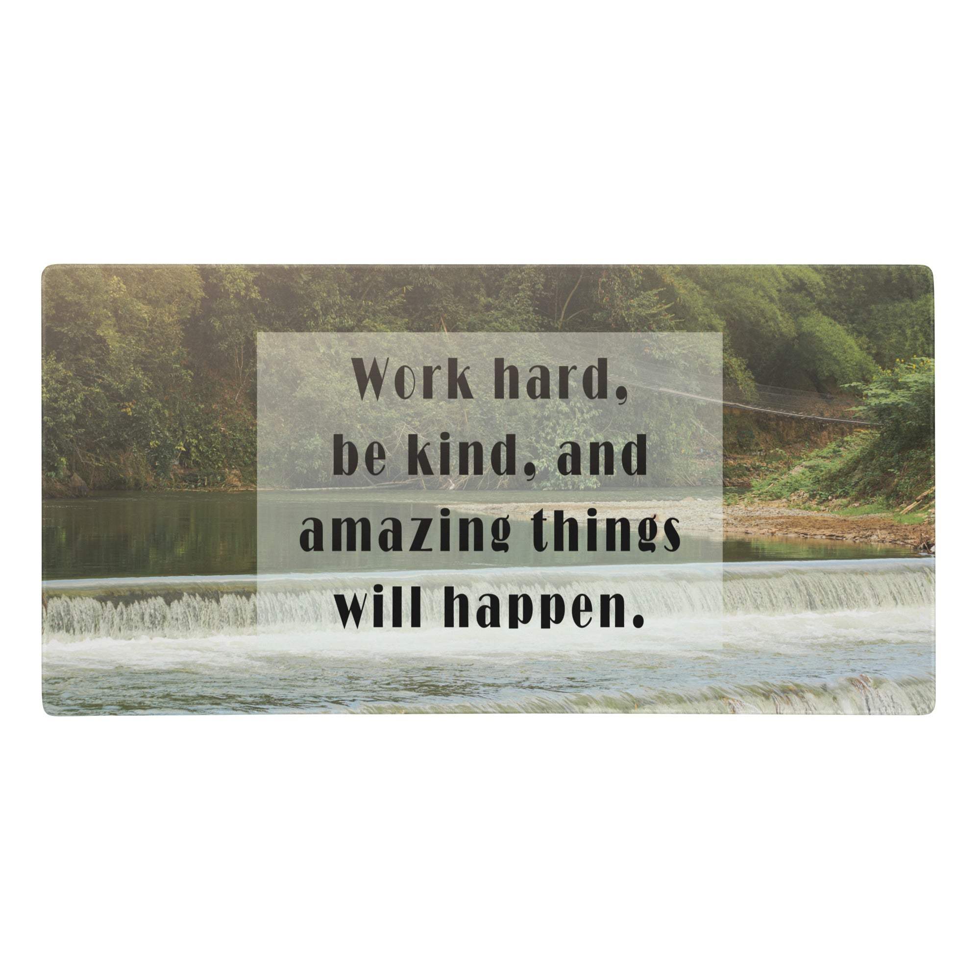Rectangular green beige mouse pad with serene river scene and motivational quote for a calming office desk setup