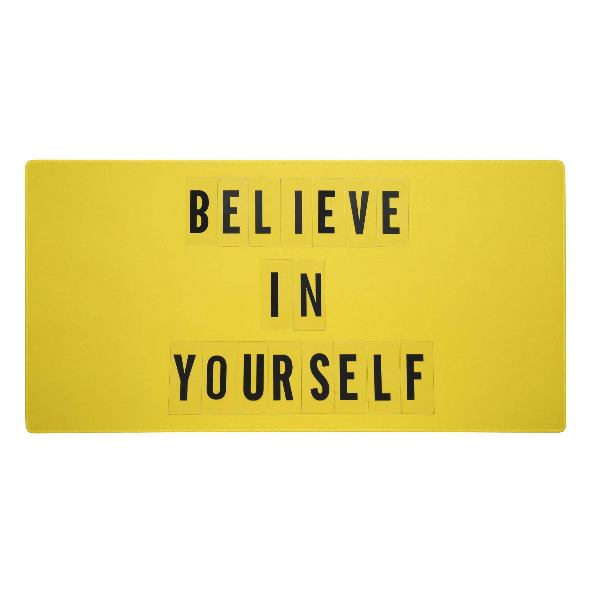 Bright yellow motivational mouse pad with believe in yourself light box print for modern minimalist office desk use