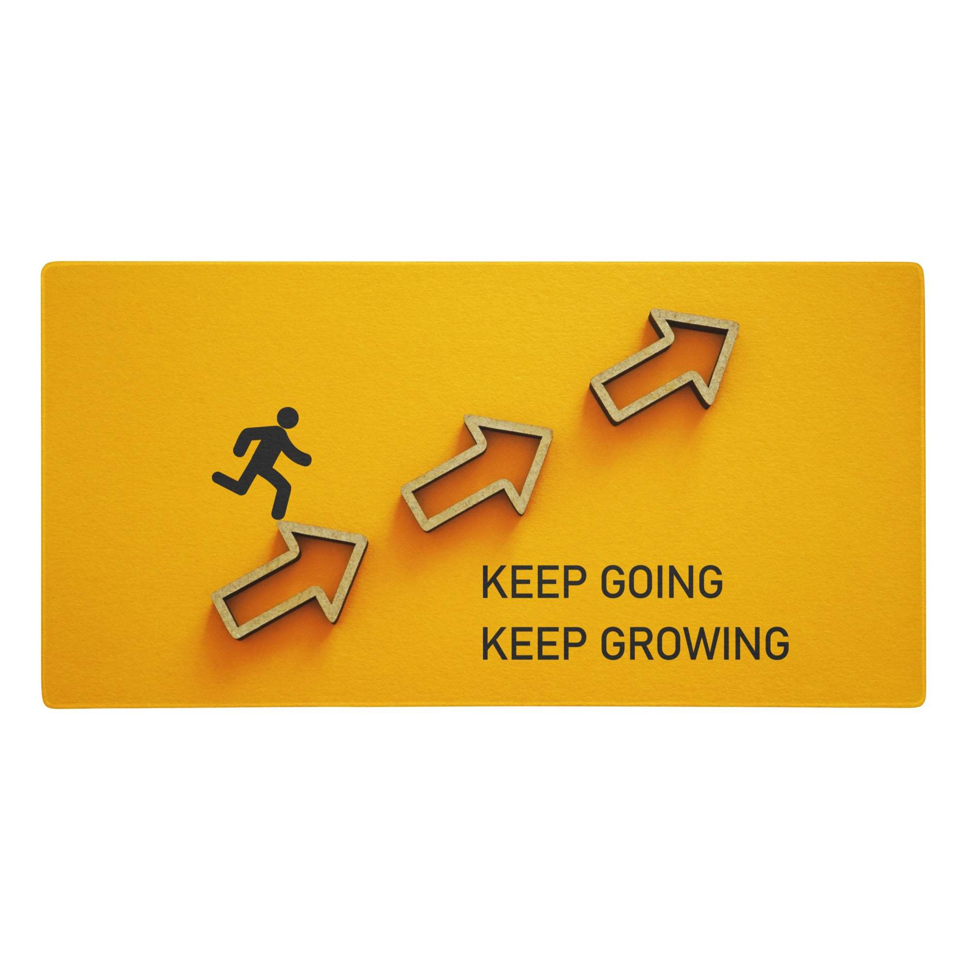 Yellow motivational mouse pad featuring a keep going keep growing sign and wooden arrow cutouts for desk decor