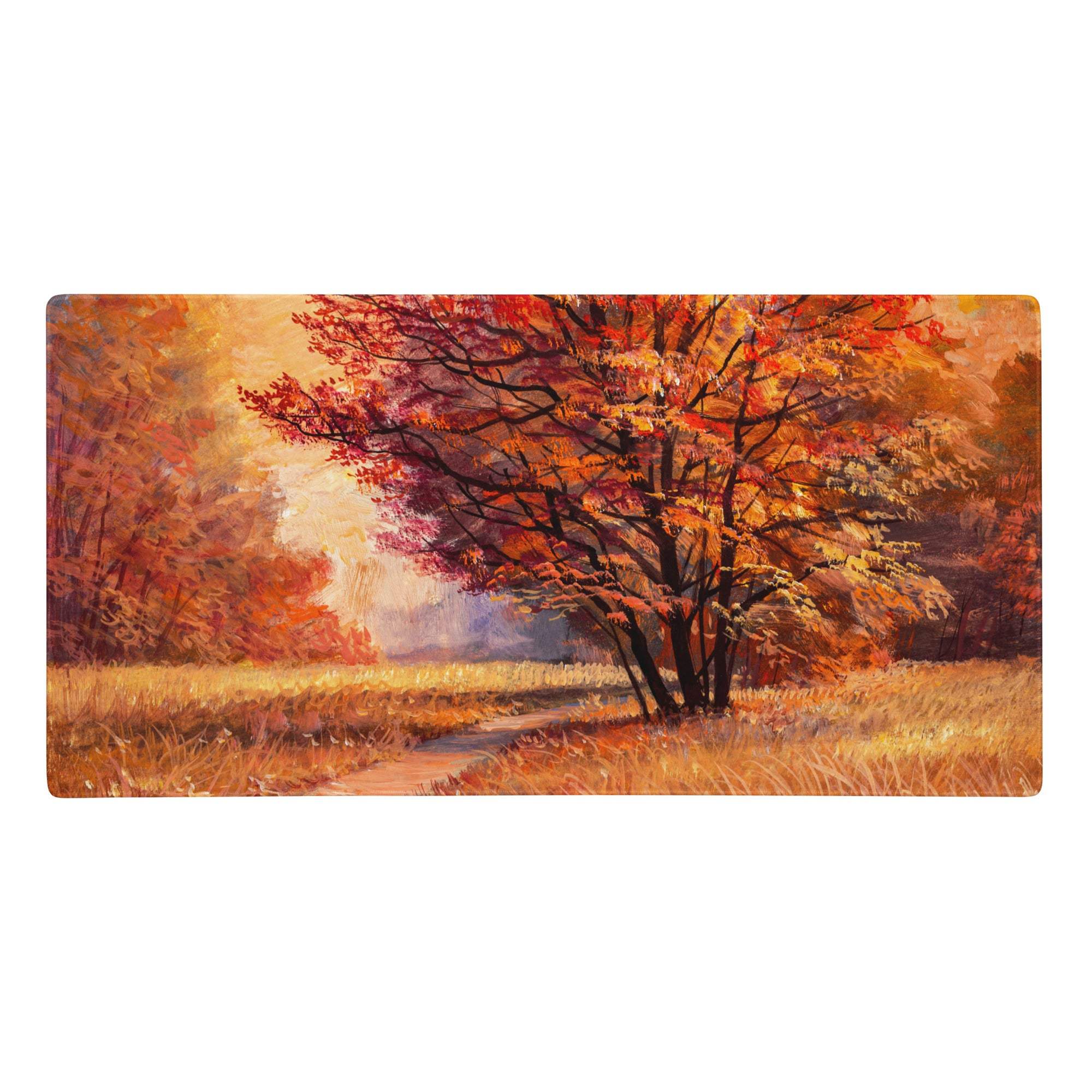 A rectangular autumn forest impressions pad with a fiery orange copper tree on a warm golden oil-style desk mat