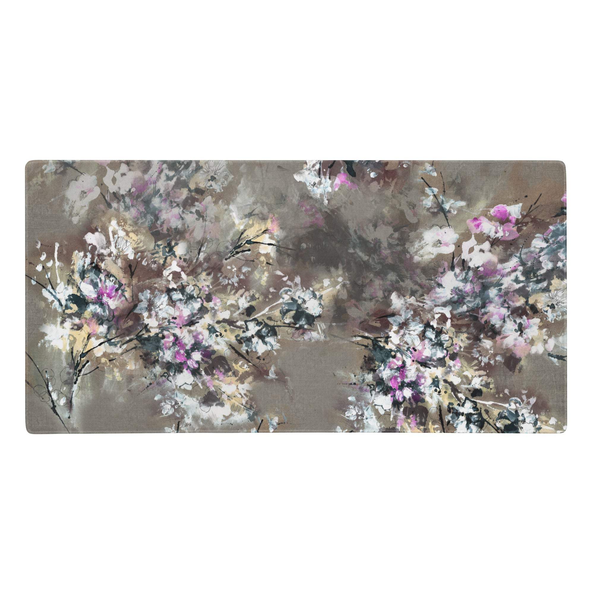 Rectangular gaming mouse pad with soft mood abstract floral design in beige pink and gray on textured surface