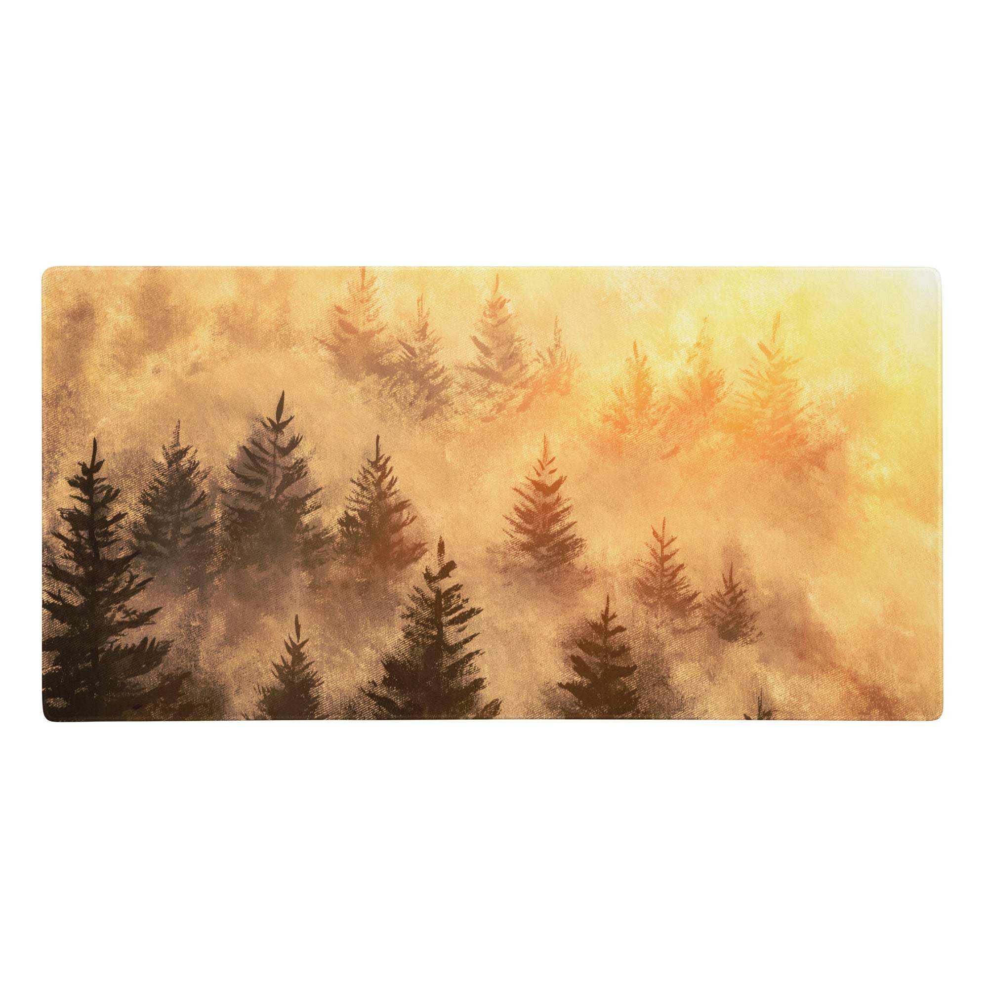 Rectangular forest silhouette sepia desk pad featuring a misty evergreen forest in warm golden amber hues for cozy gaming