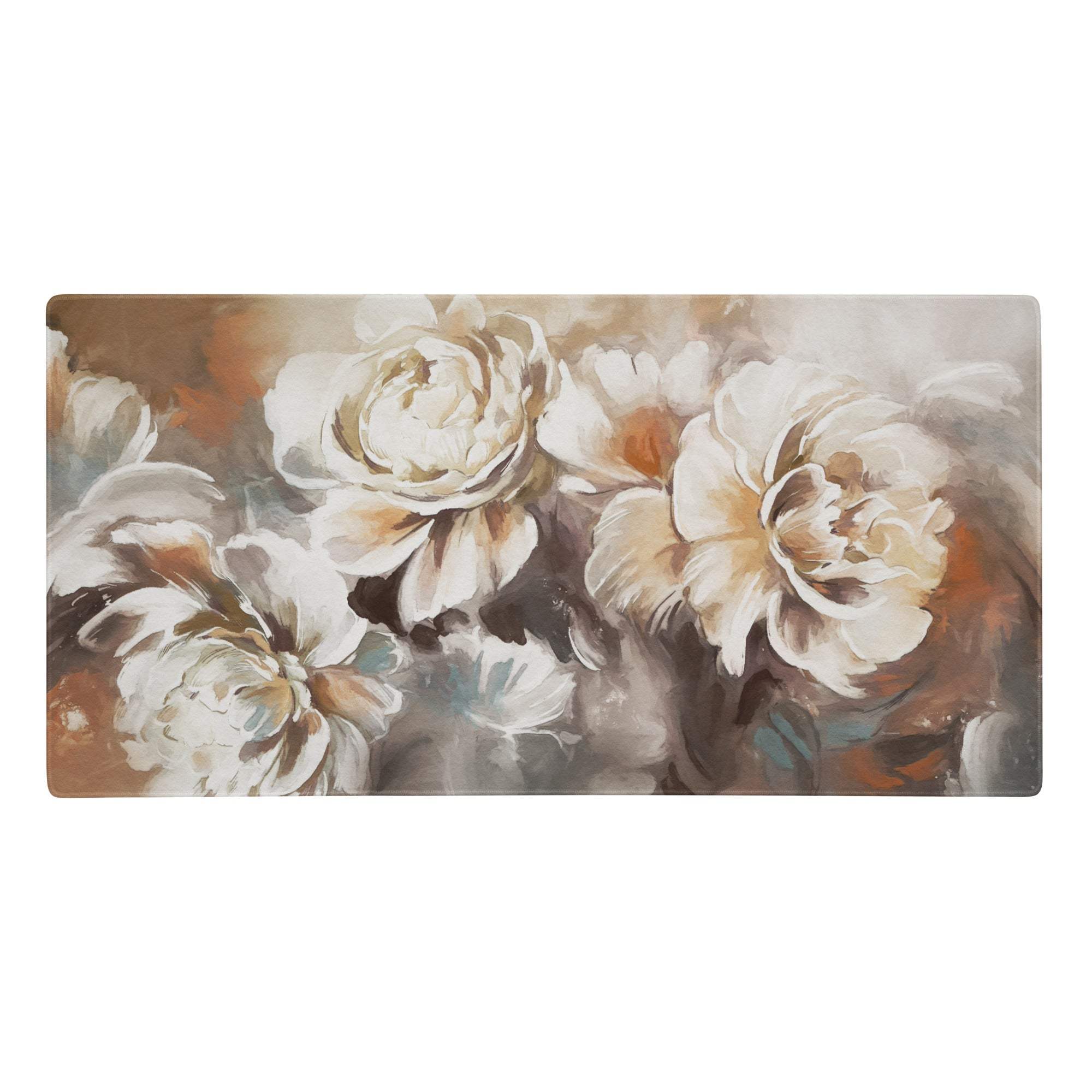 Floral rose desk pad with soft impressionistic white and cream peonies in peach ivory for modern chic home office decor