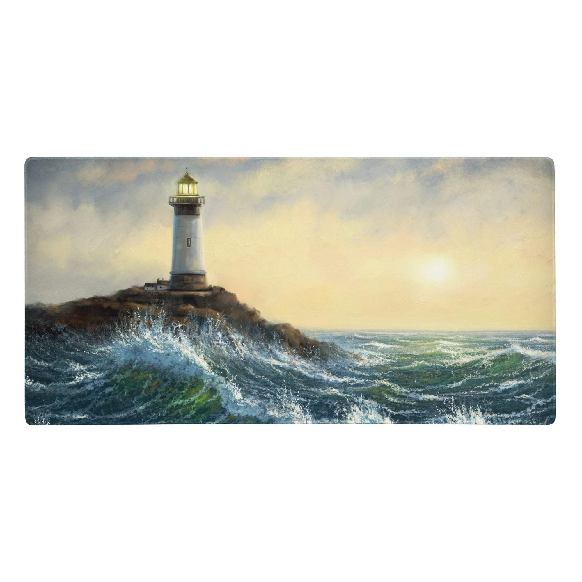 Coastal lighthouse sunset pad oil painting desk mat with white lighthouse golden lantern on rocky ocean terrain