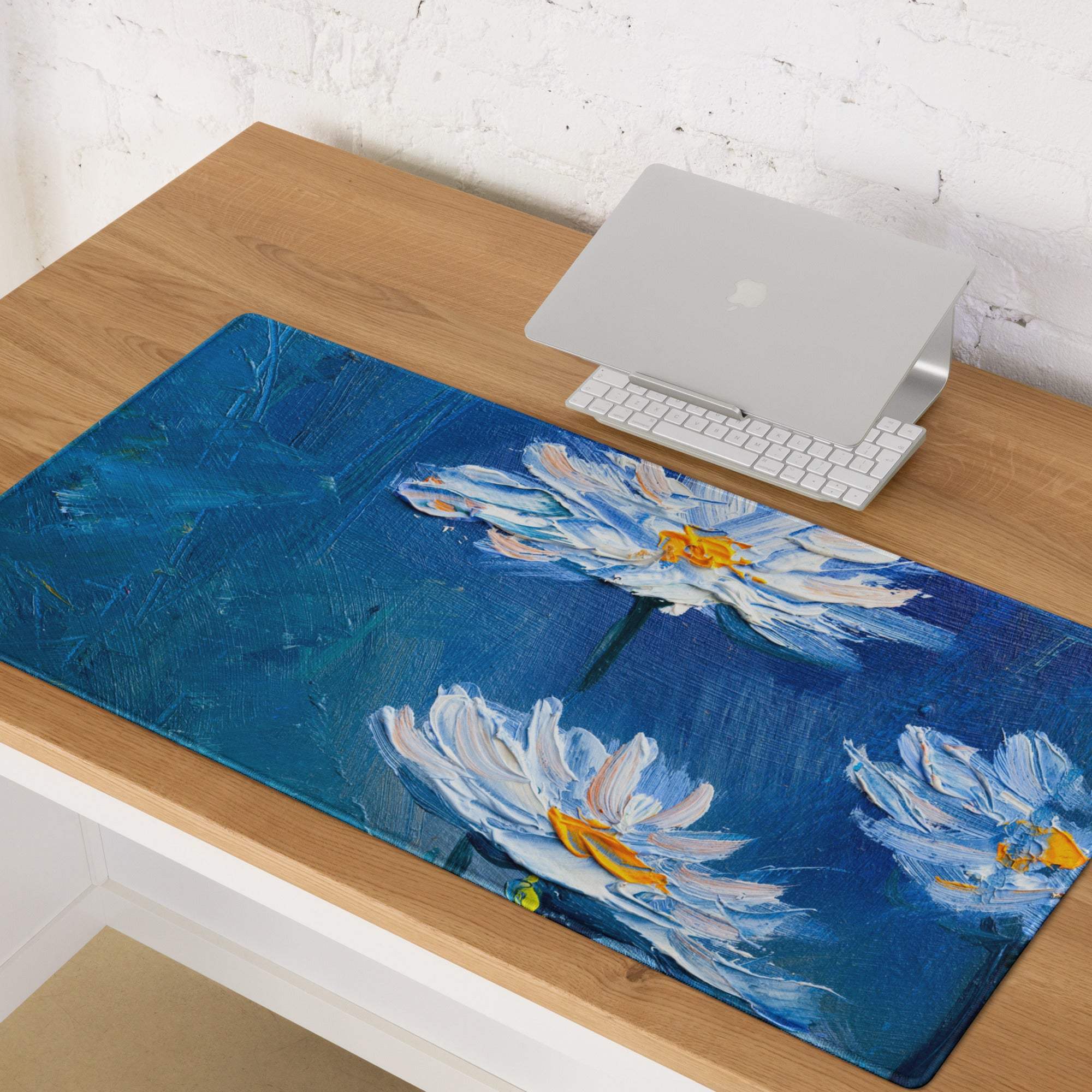 Blue floral abstract mouse pad with white and yellow daisies on textured background for gaming desk decor