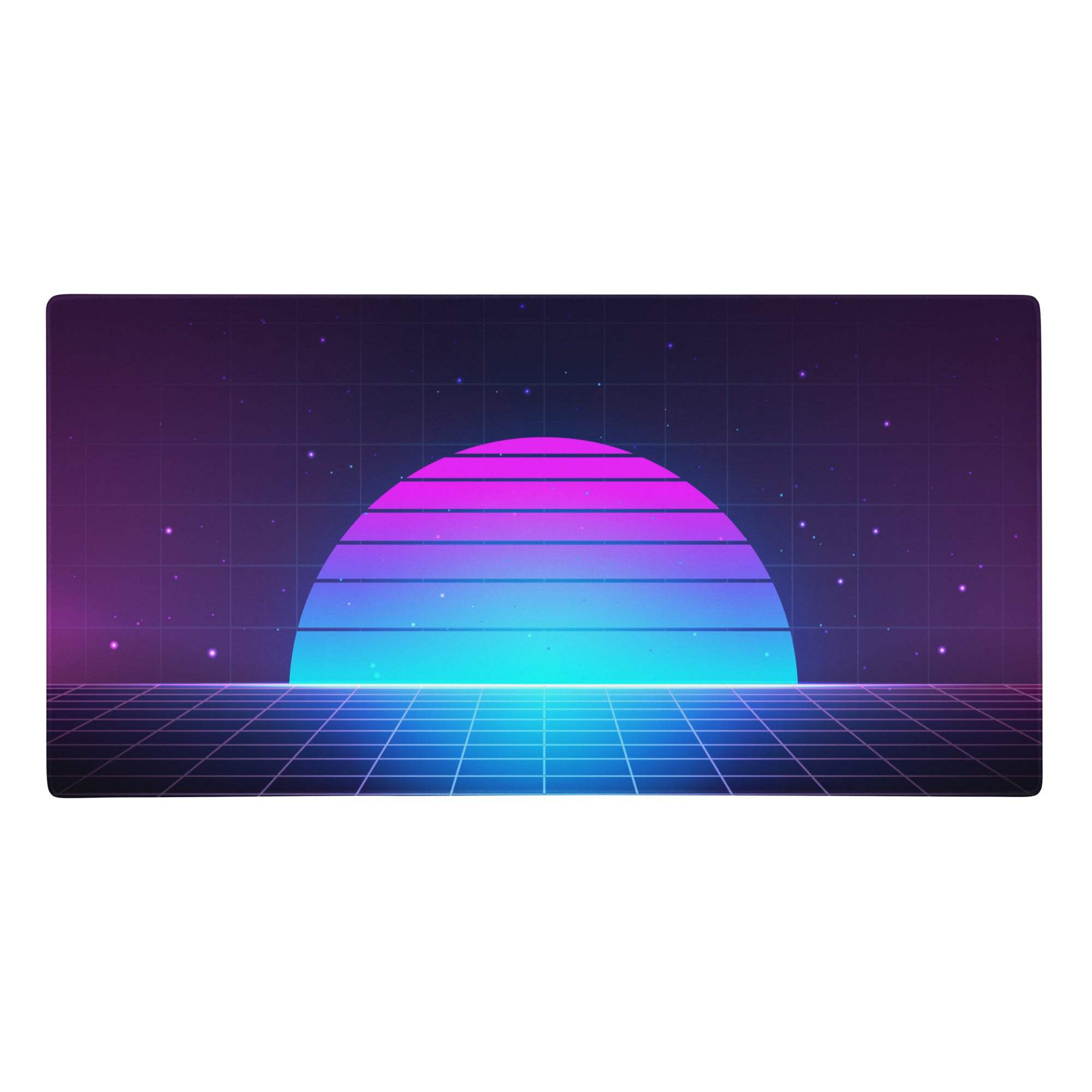 Neon gradient retro grid gaming mouse pad with purple magenta to cyan sunset stripes on starry cyberpunk background