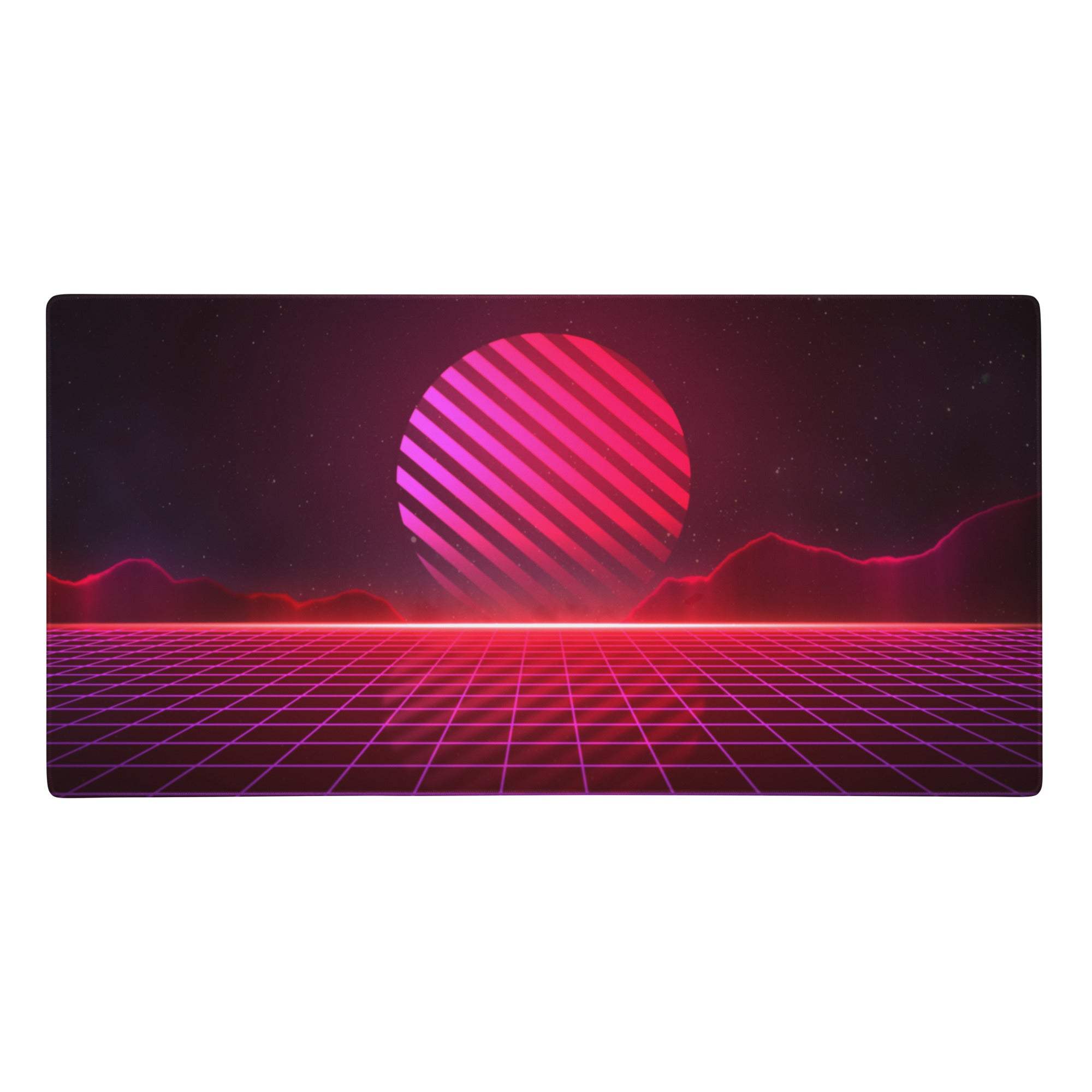 Neon grid prism gaming mouse pad with retro-futuristic pink and magenta striped sun graphic and glowing grid lines