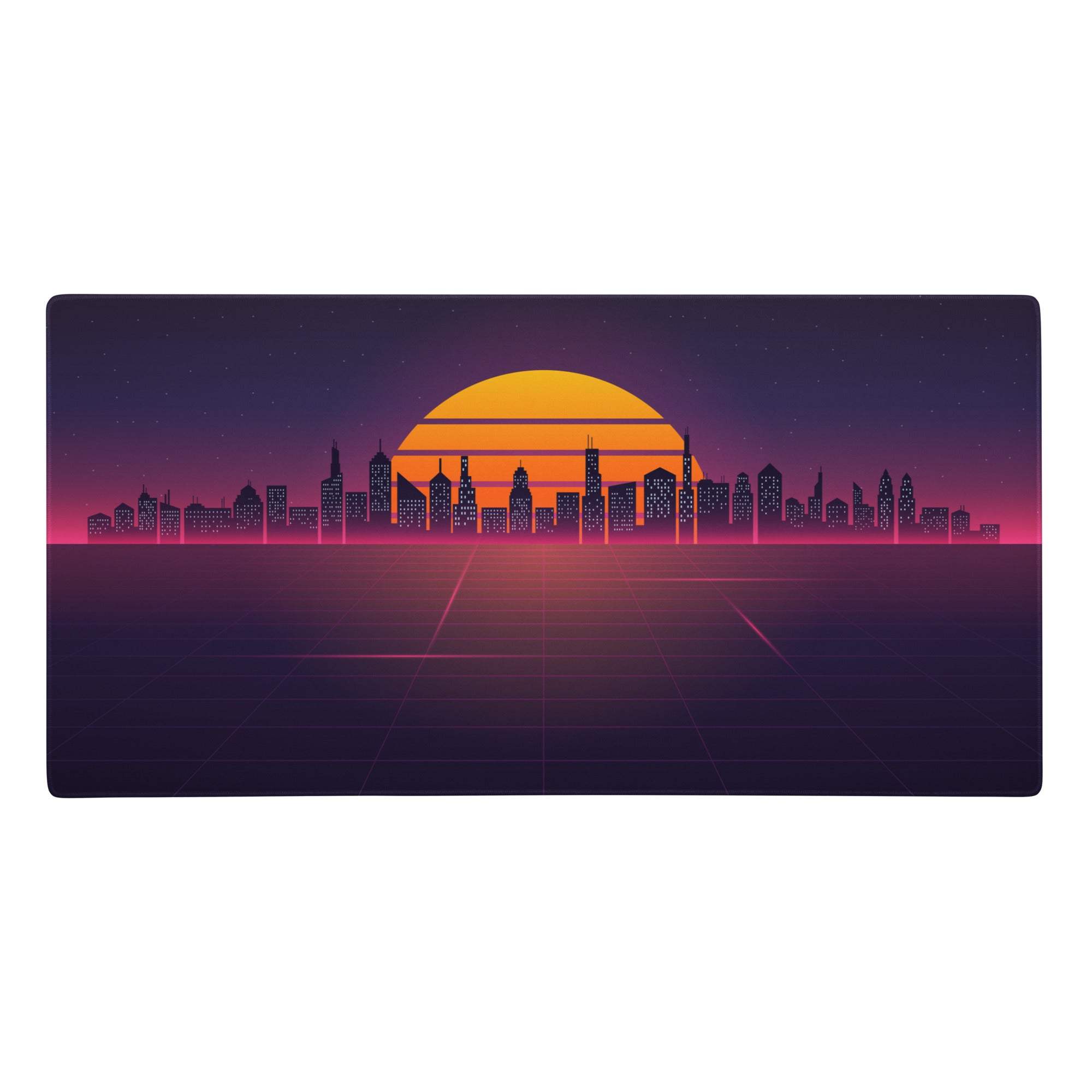 Rectangular gaming mousepad featuring a retro-futuristic neon cityscape with a glowing orange pink sunset over dark buildings