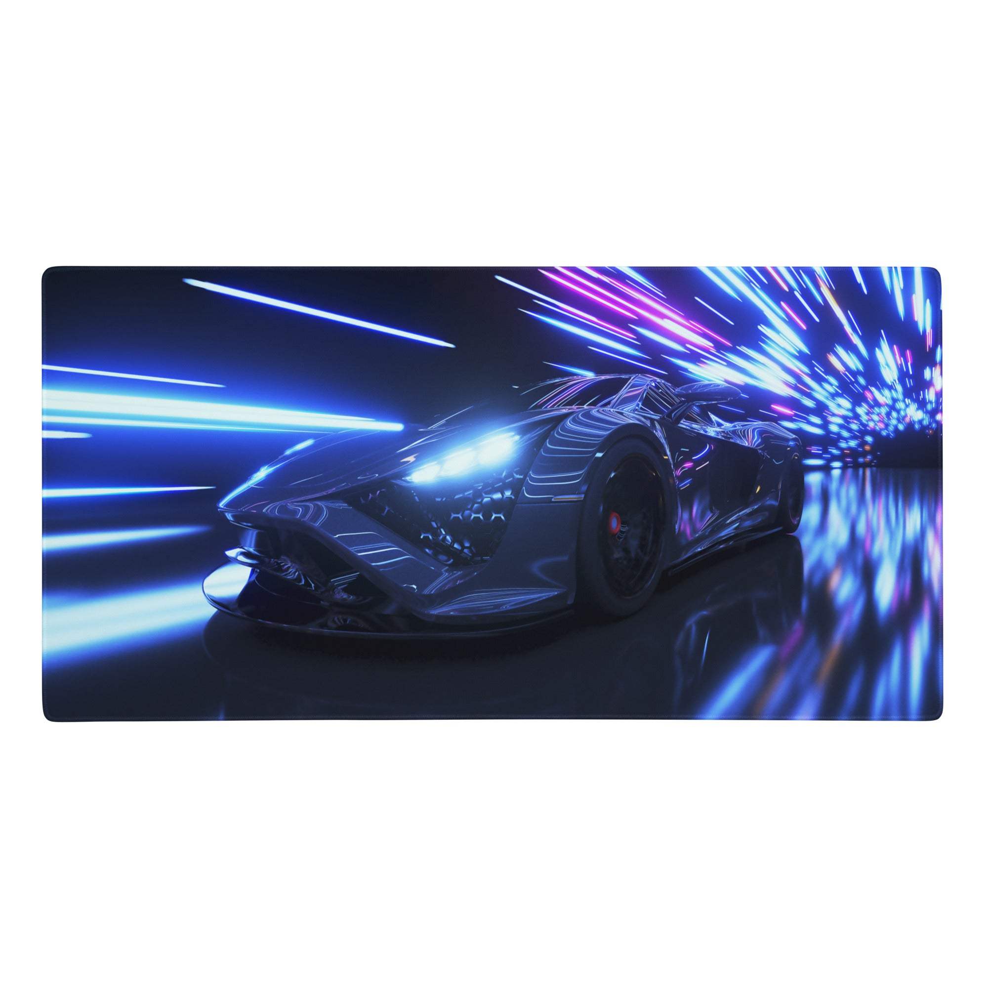 Neon velocity gaming mouse pad with neon blue and purple digital print featuring a sleek sports car on reflective surface