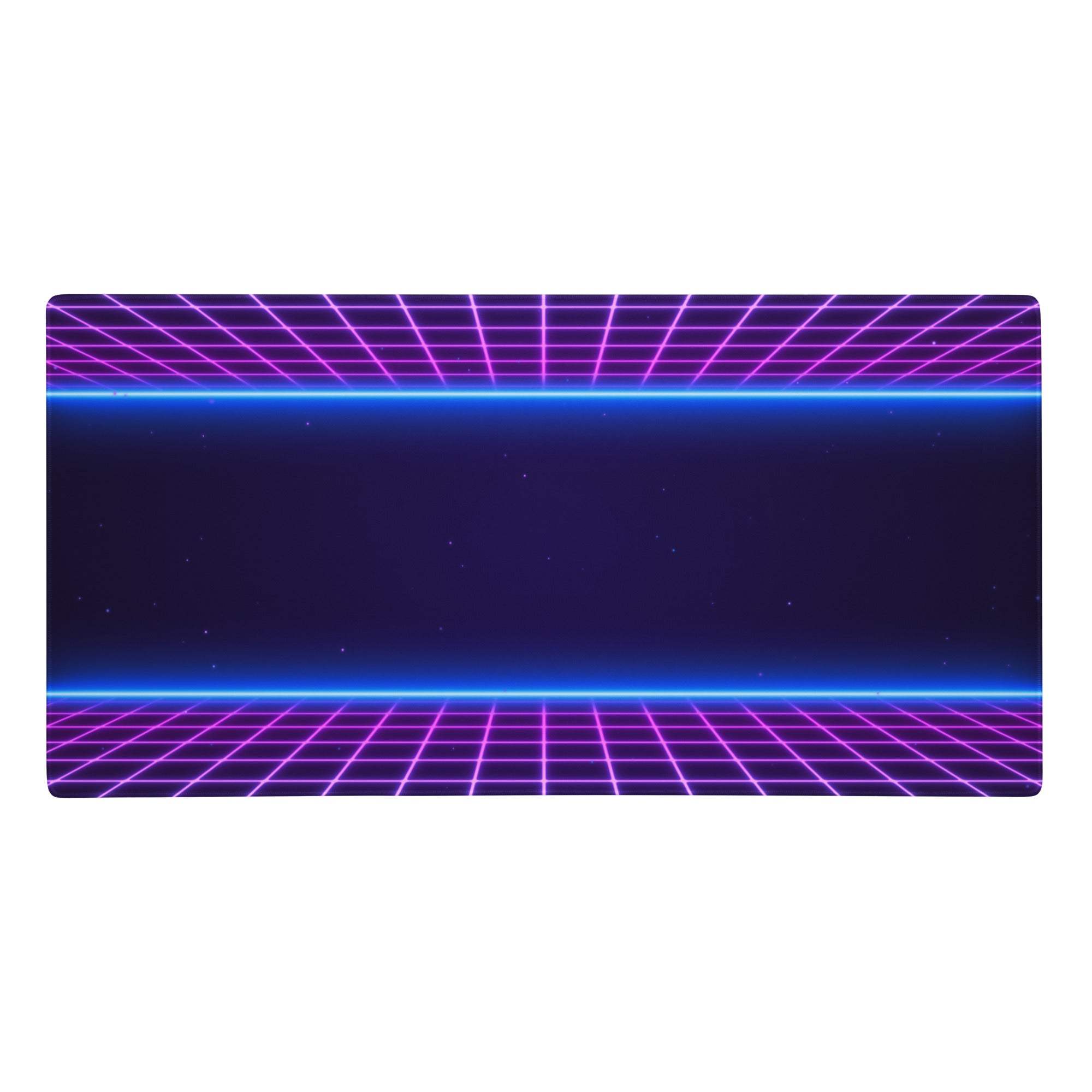Neon grid gaming mouse pad with purple and blue glowing horizontal lines in synthwave cyberpunk style