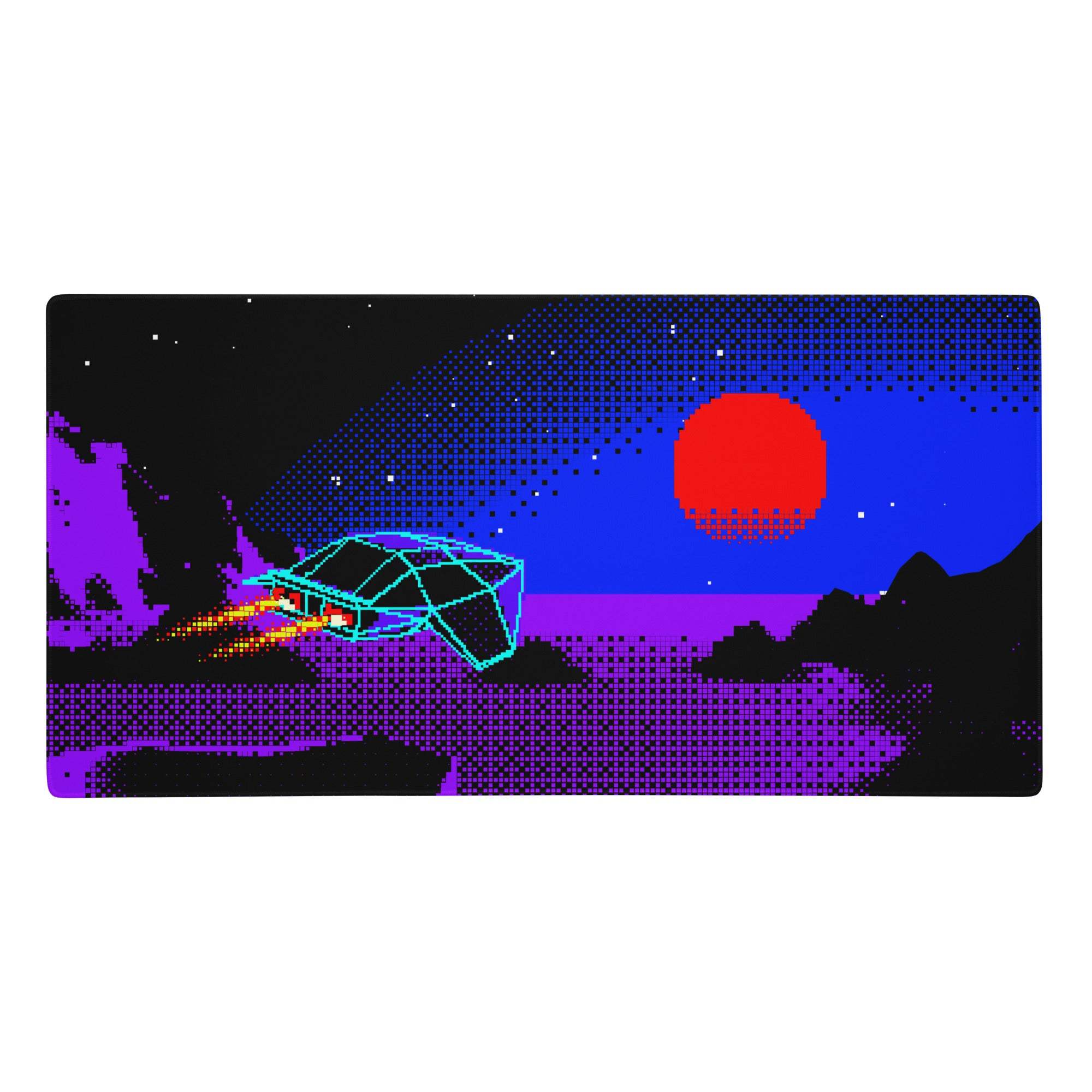 Neon nightfall gaming mouse pad with vibrant pixel-art spaceship on purple blue alien landscape under red sun