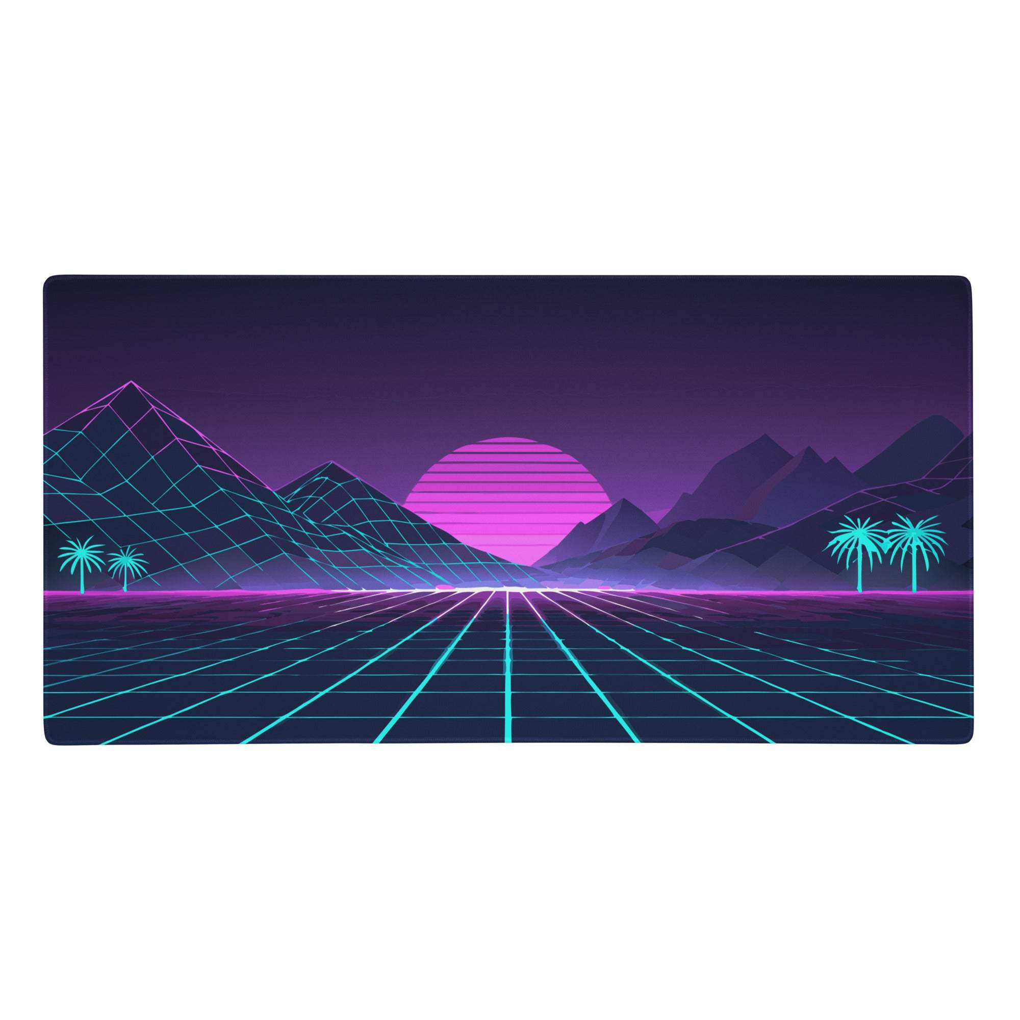 Neon retro landscape gaming mouse pad with glowing pink sun, geometric mountains, and cyan grid lines on purple background