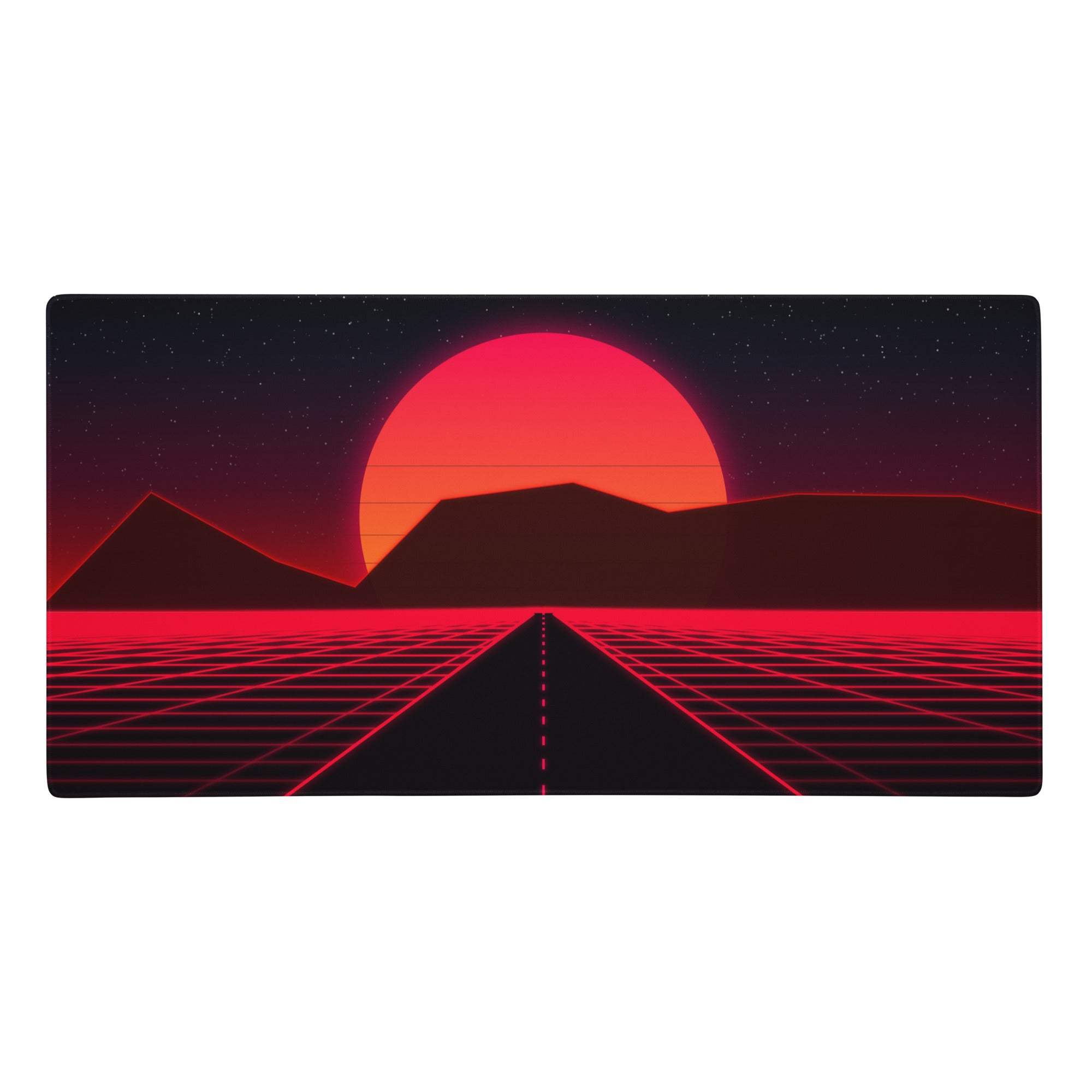 Retro-futuristic red and black gaming mouse pad with glowing sun setting over geometric mountains neon sunset grid design