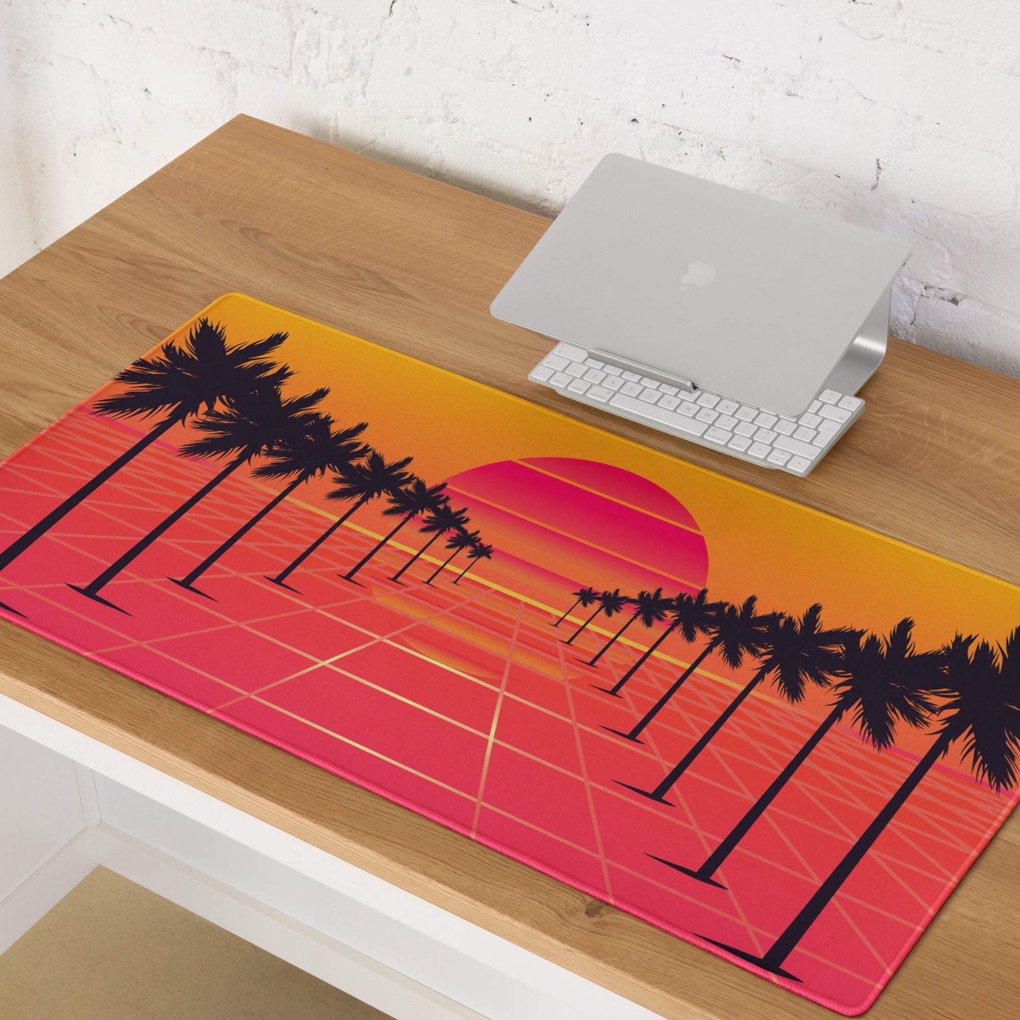Sunset palm gaming mouse pad with vibrant retro gradient sunset palm trees in orange pink and red non slip stitched edges