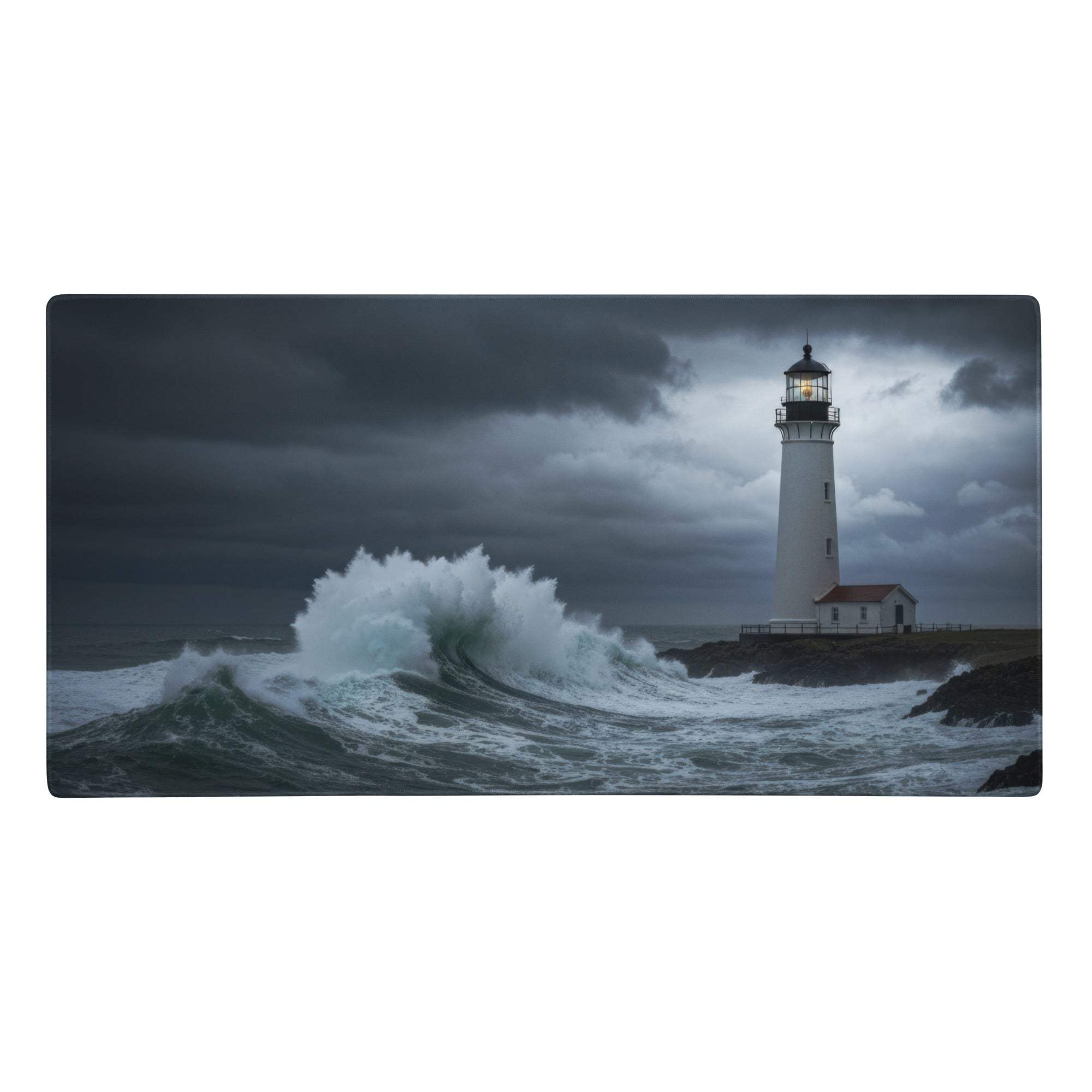 White lighthouse with glowing lantern on stormy ocean scene navy blue desk mat for moody nautical decor and gaming