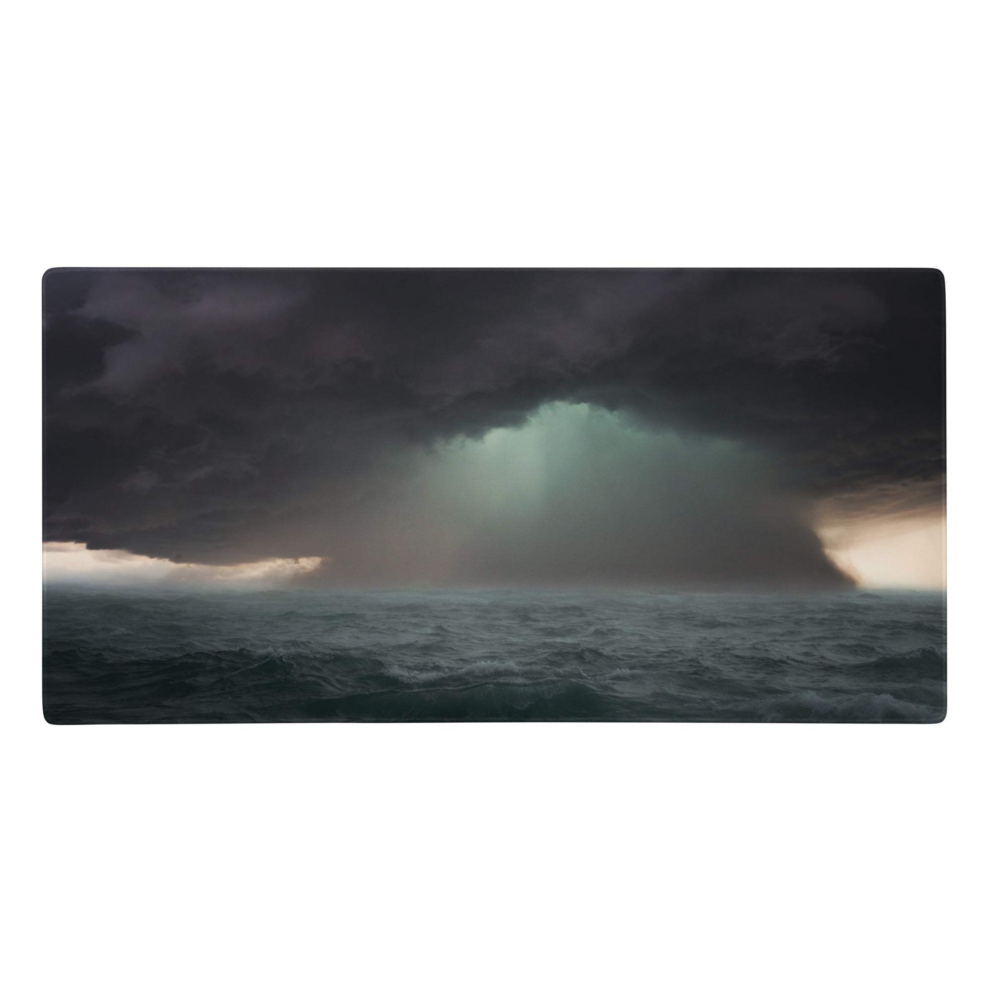 Stormy ocean night gaming mouse pad with dark blue gray matte print featuring turbulent waves and dramatic light beam