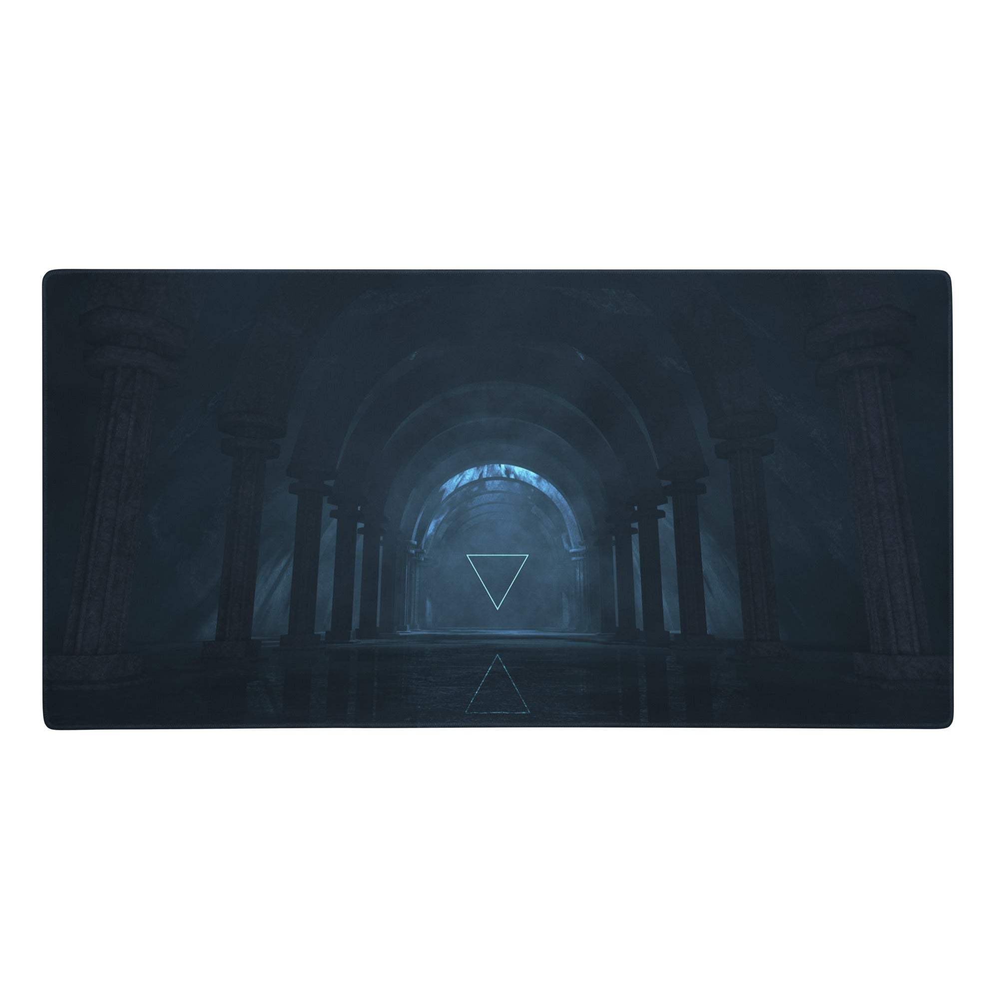 Dark blue rectangular gaming mousepad with a mystical dungeon corridor design and glowing triangular neon symbols