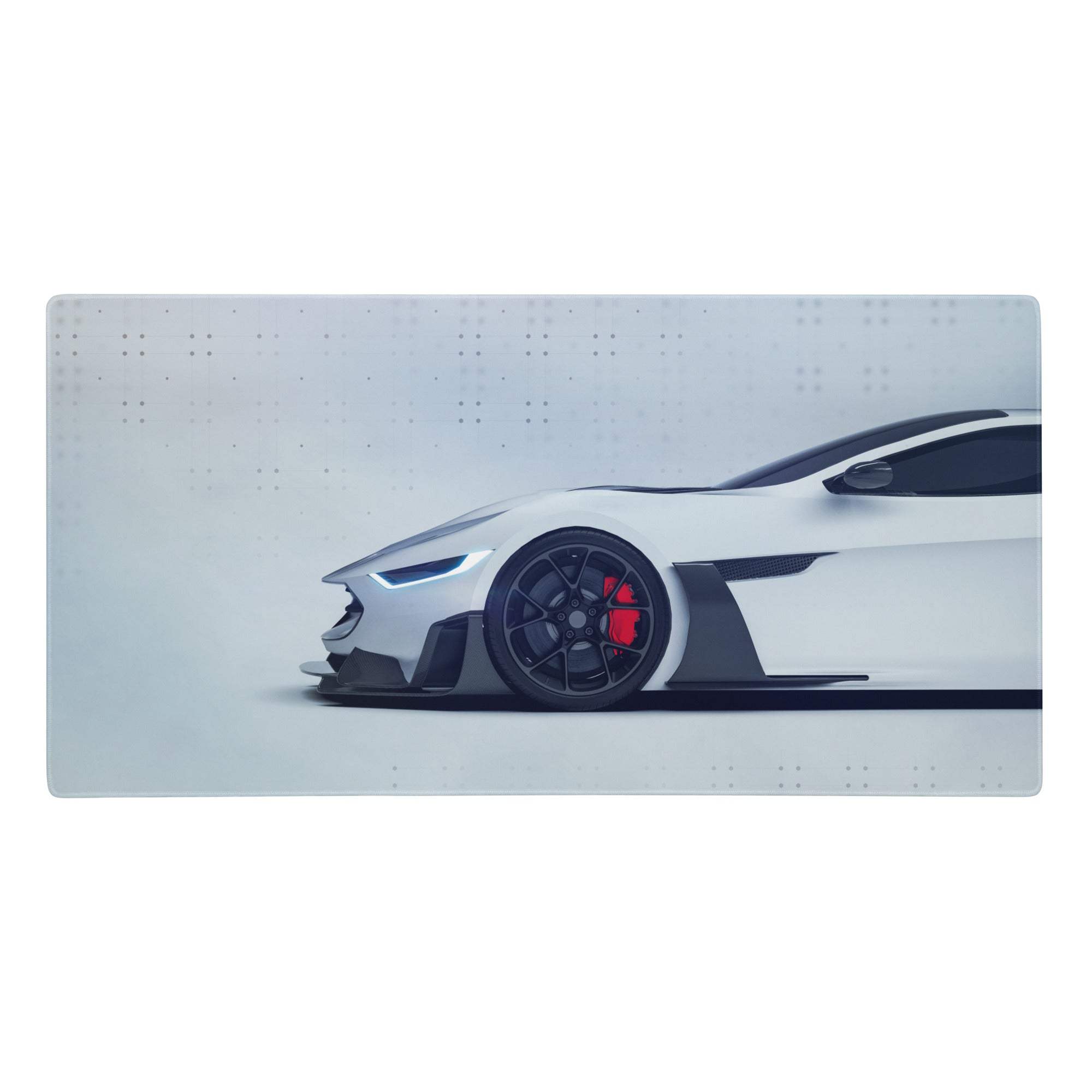 Velocity car themed pad featuring a white and black sports car graphic on a sleek rectangular desk mat for esports setups