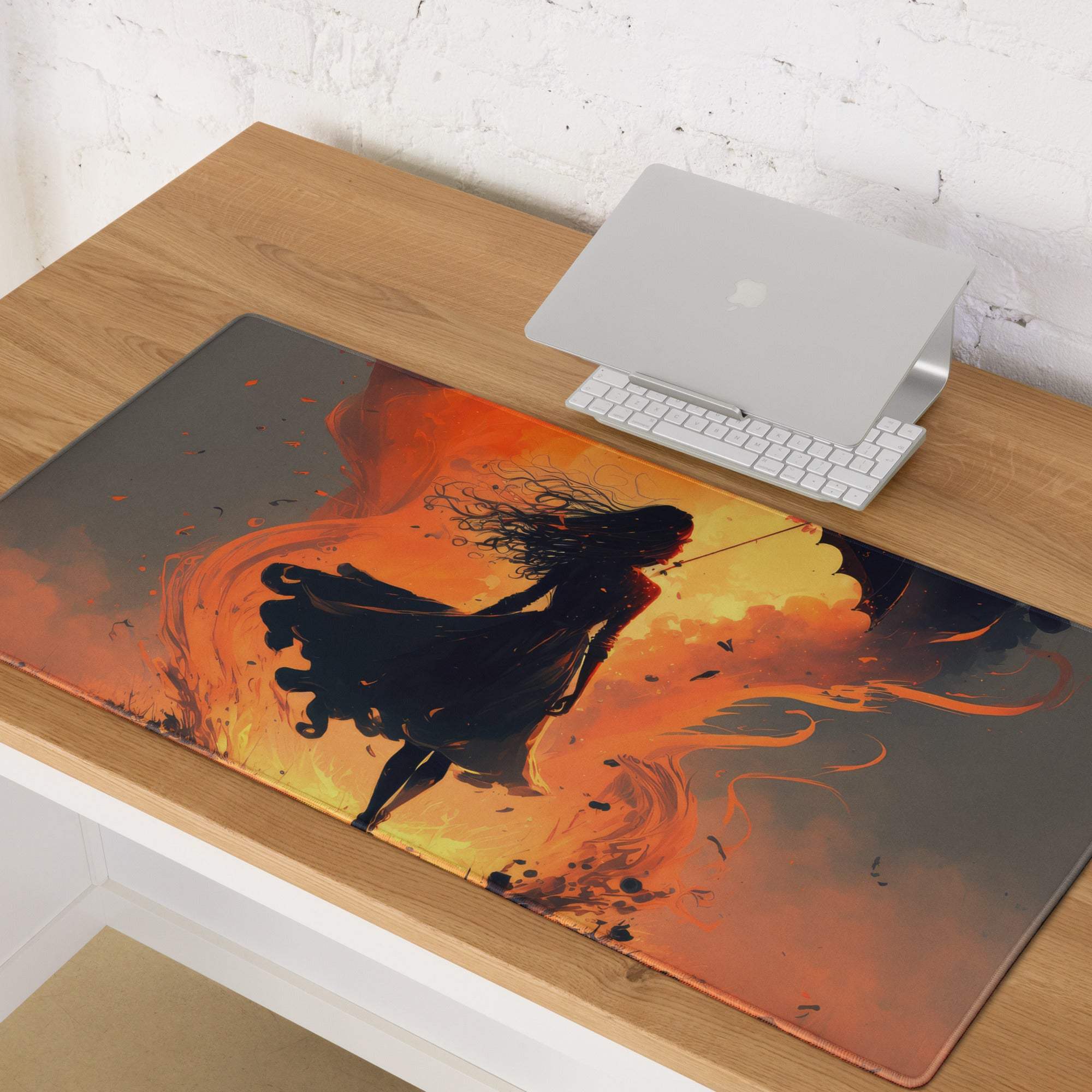 Inferno warrior large gaming mouse pad with silhouette figure in dark clothing on fiery orange and yellow digital art design