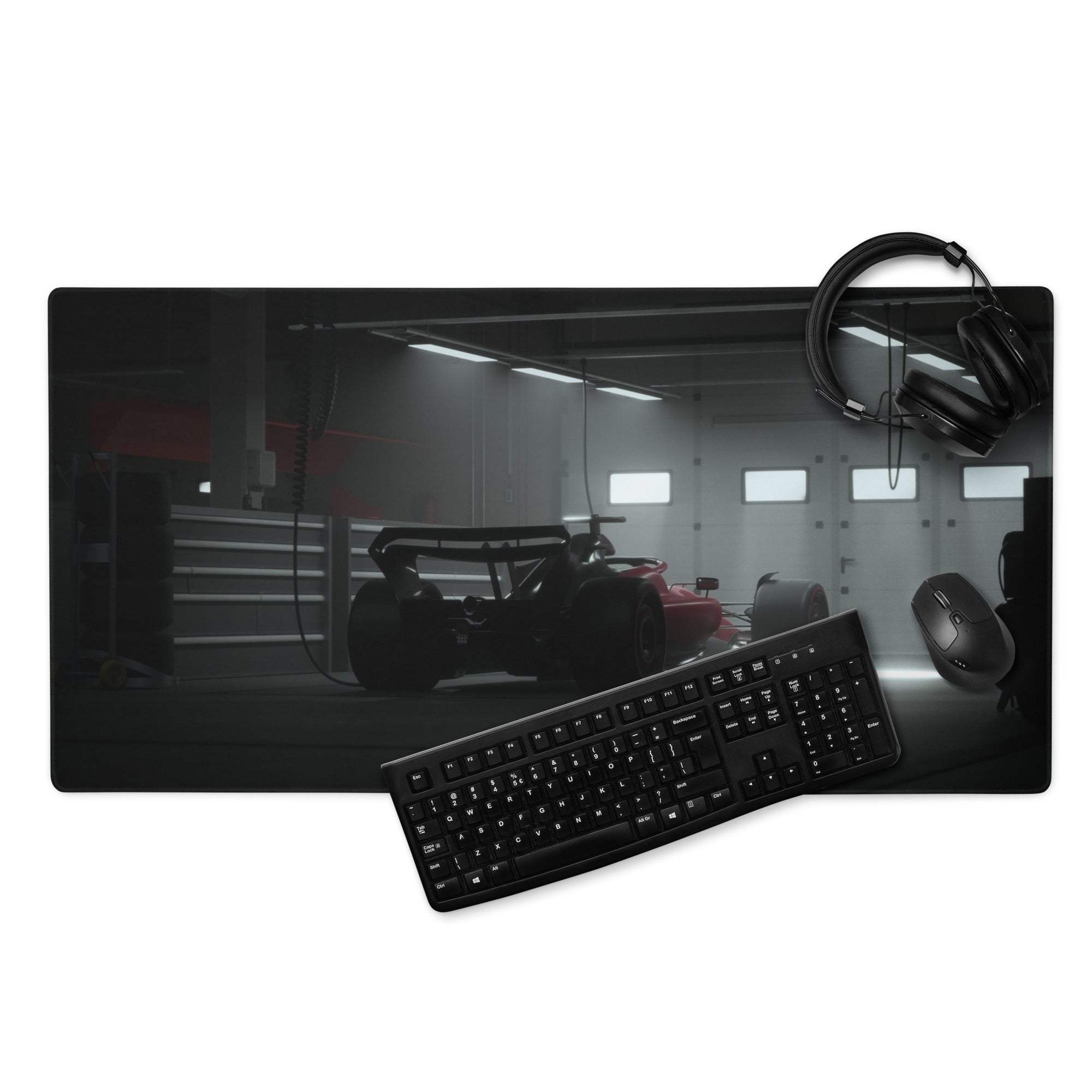 Elite large gaming mouse pad black textile with red formula 1 race car design in dim garage setup with keyboard and headphones