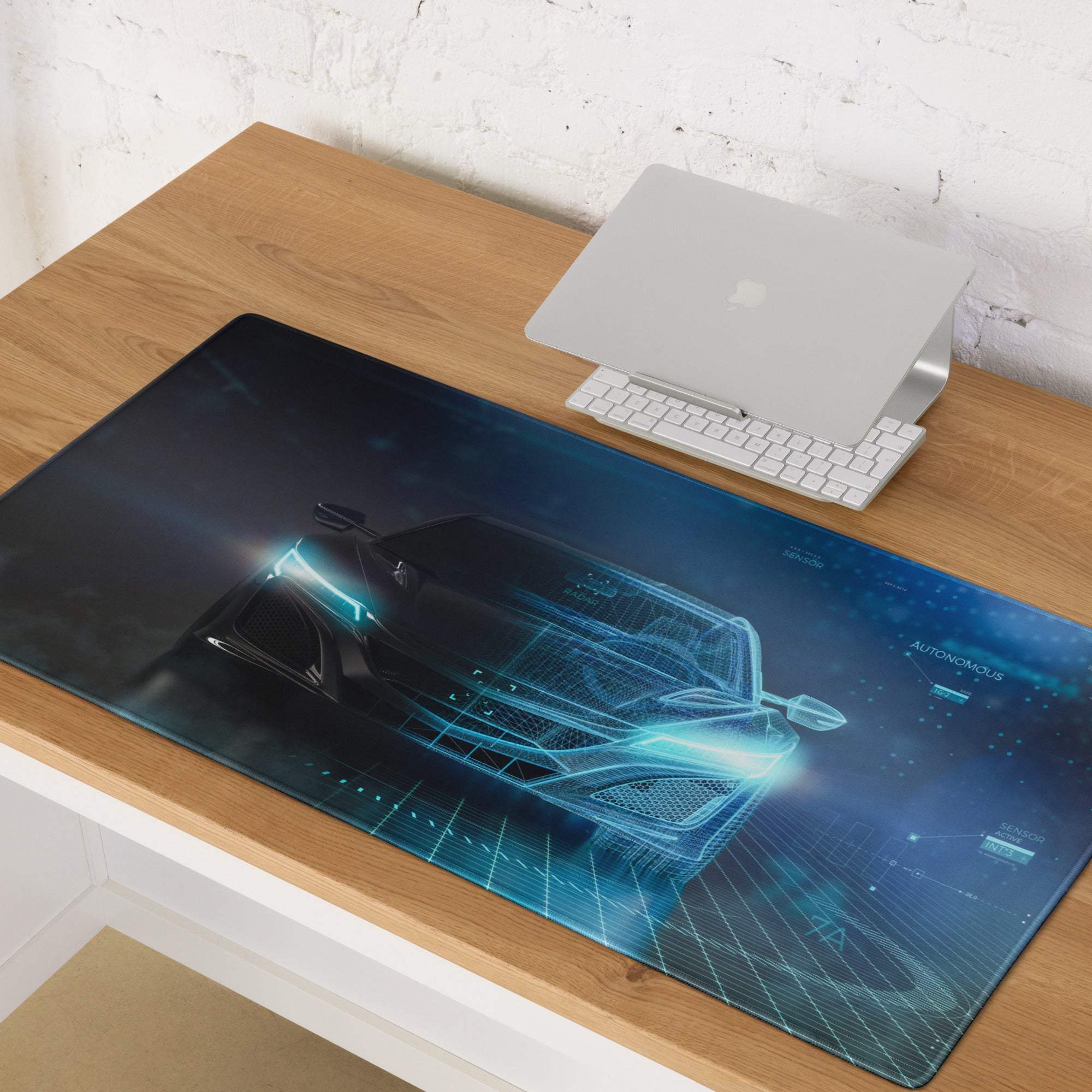 Hypertech gaming mouse pad with a sleek blue and black holographic car design and glowing cyan lines for gamers