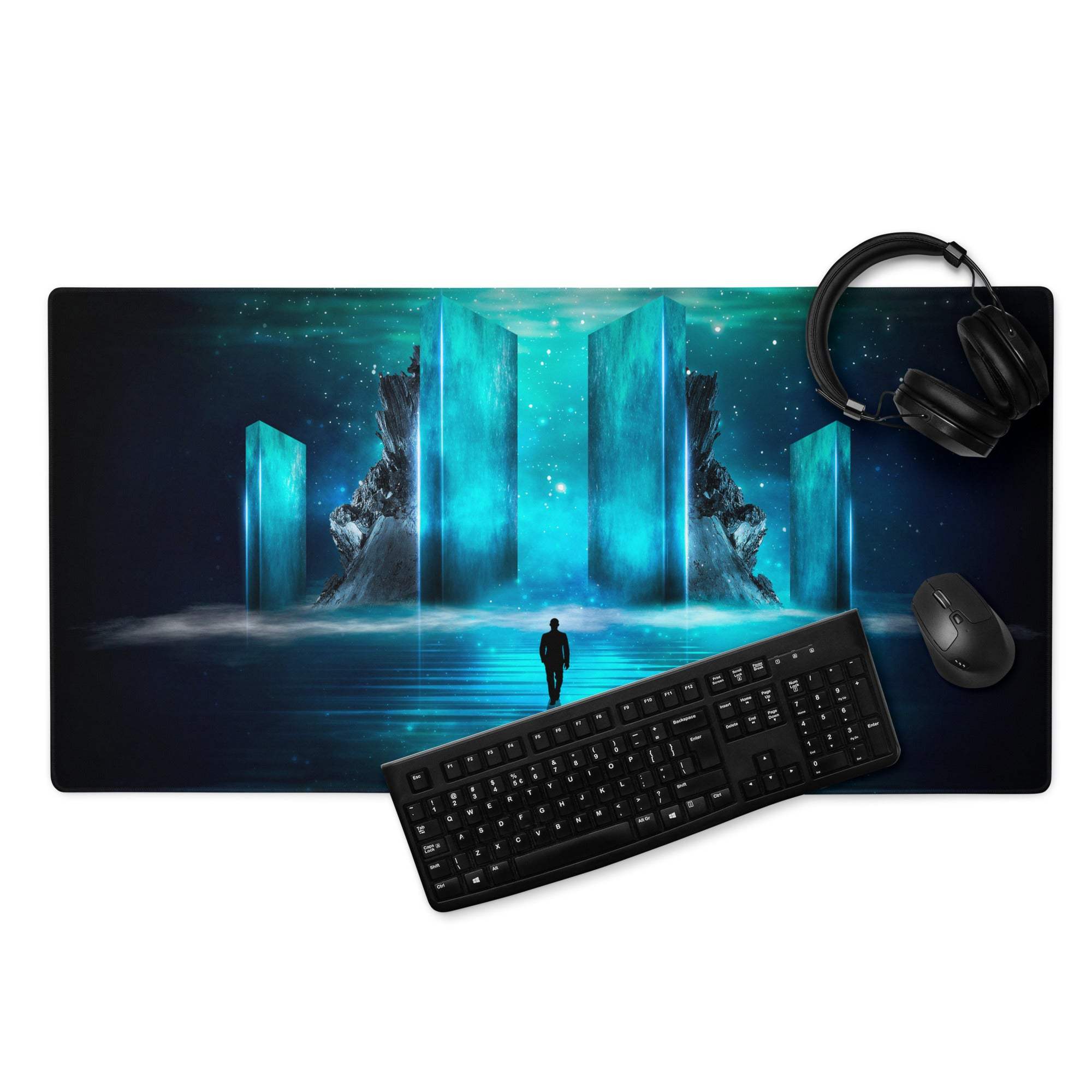 Neon portal gaming pad rectangular mousepad with blue neon cosmic scene and crystalline structures for immersive gaming