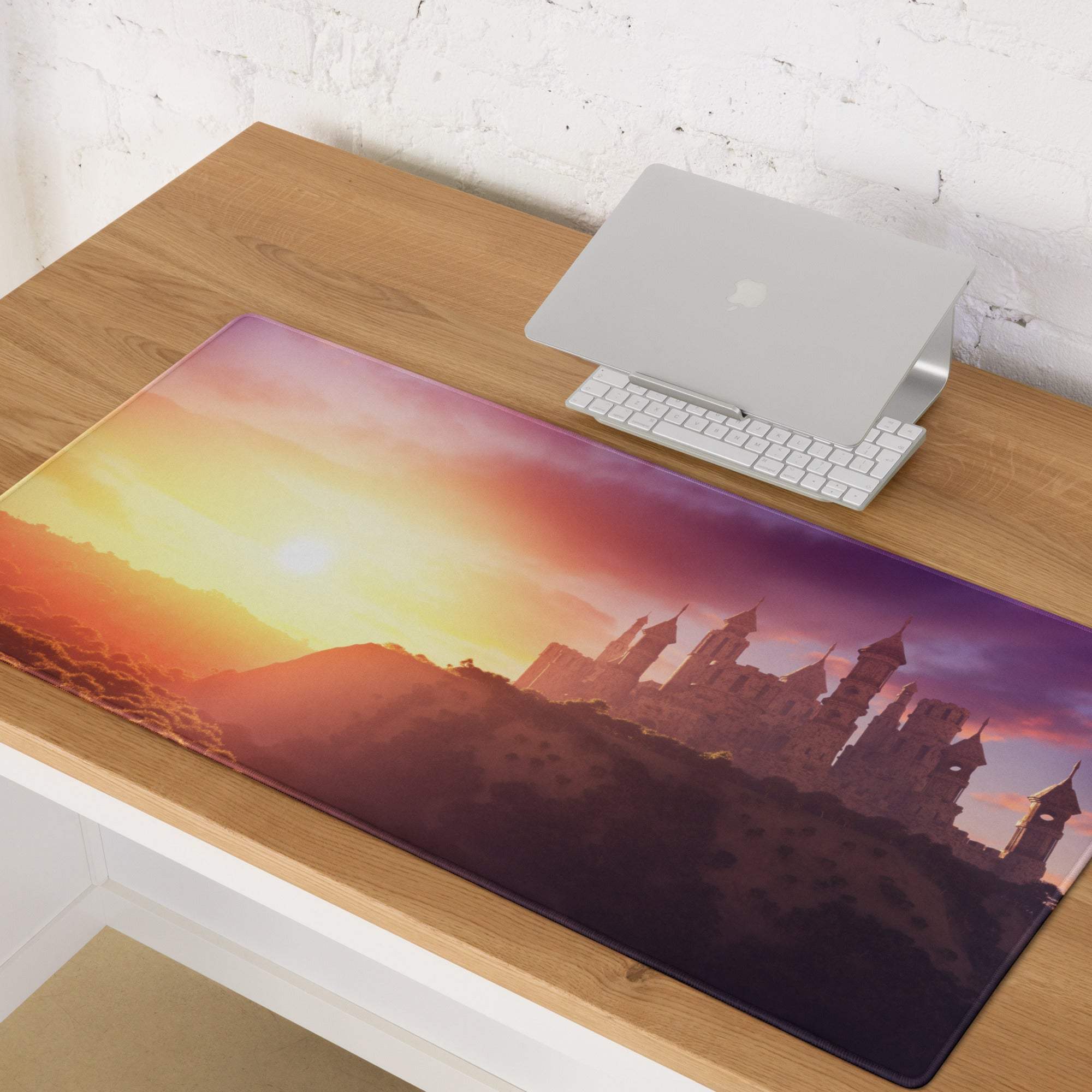 Castle sunset mouse pad with vibrant orange purple sunset over medieval castle towers printed on glossy fabric surface