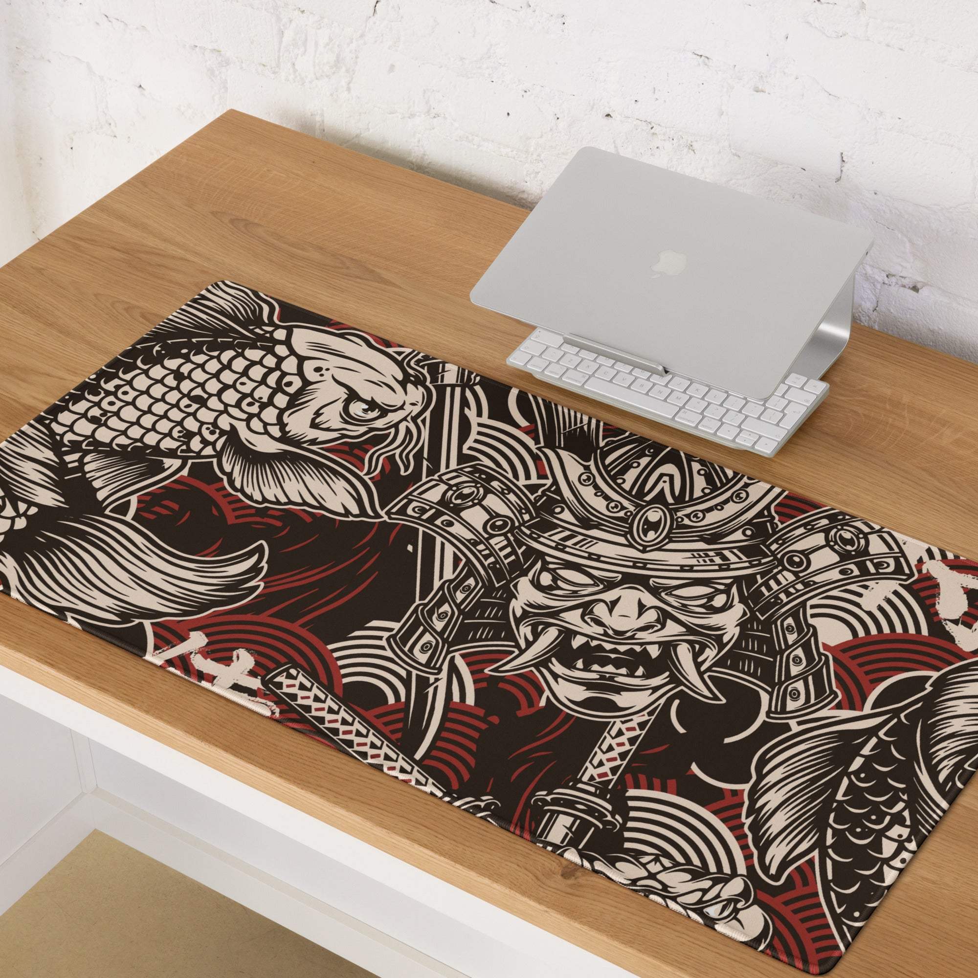 A rectangular black white red gaming desk mat featuring a bold samurai warrior and koi fish illustration