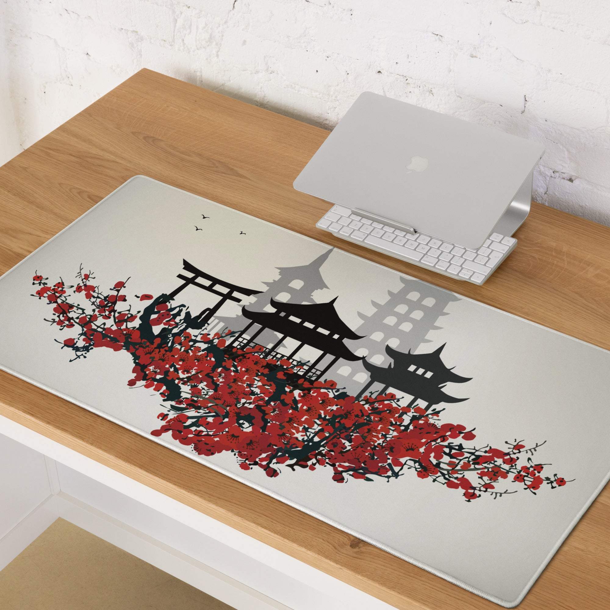 Rectangular light gray zen cityscape gaming mouse pad with red cherry blossoms and black gray japanese architecture design
