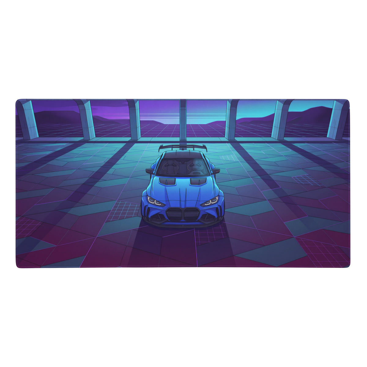 Bmw m4 inspired blue and purple vaporwave gaming mouse pad featuring a sleek blue sports car with black racing stripes