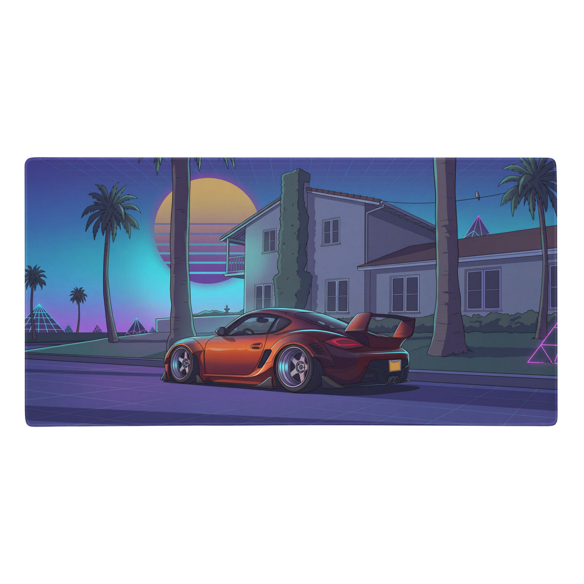 Orange purple vaporwave gaming mouse pad featuring a sleek orange sports car with black rims under a vibrant sunset sky