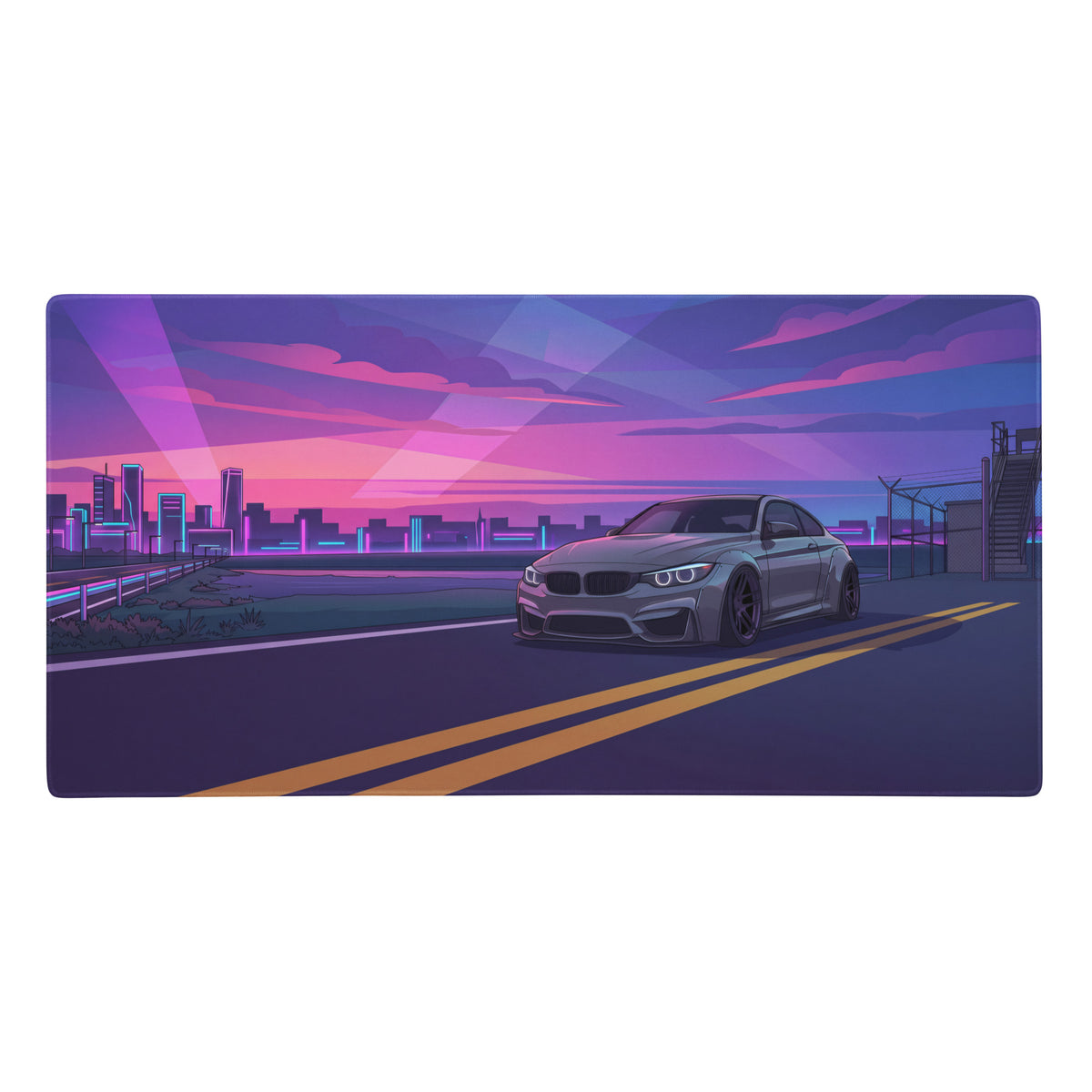 Silver BMW M4 F82 inspired gaming mouse pad with purple vaporwave neon cityscape and sleek sports coupe design