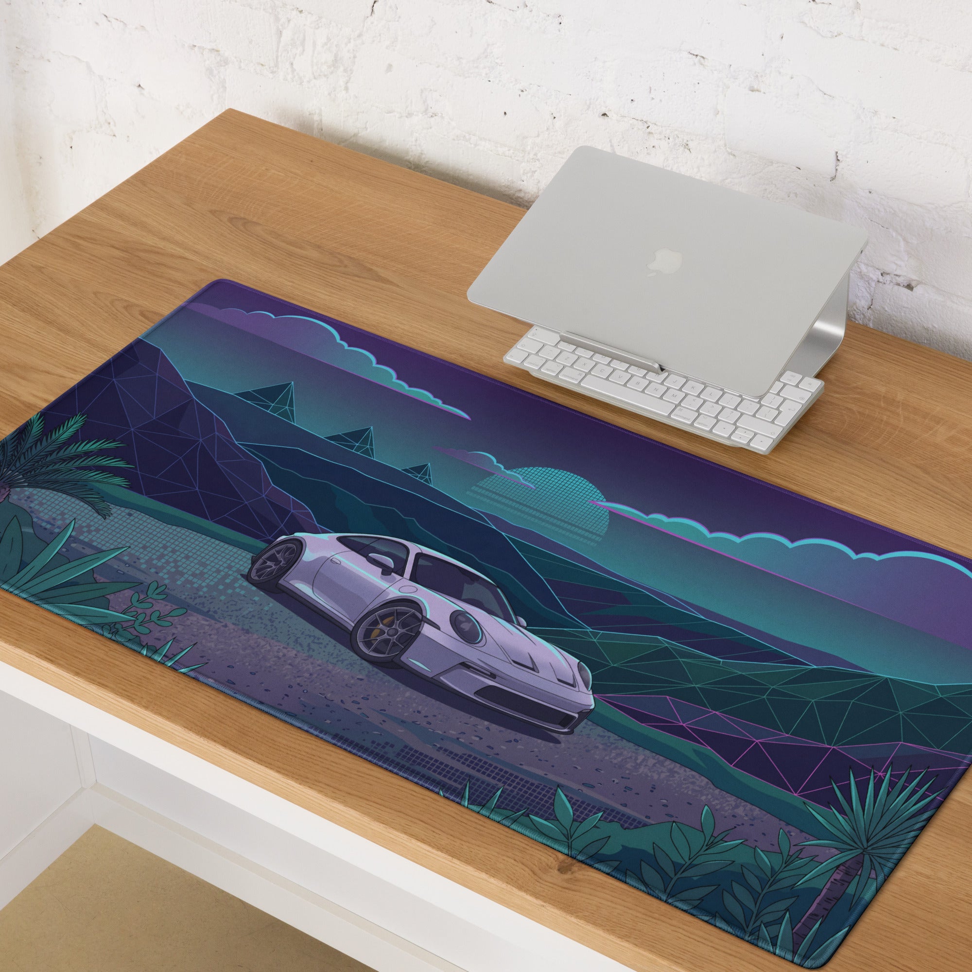 Porsche 911 GT3 Touring Inspired White Teal Vaporwave Gaming Mouse Pad, Retro Futuristic Sports Car Desk Mat with Neon Mountain Artwork
