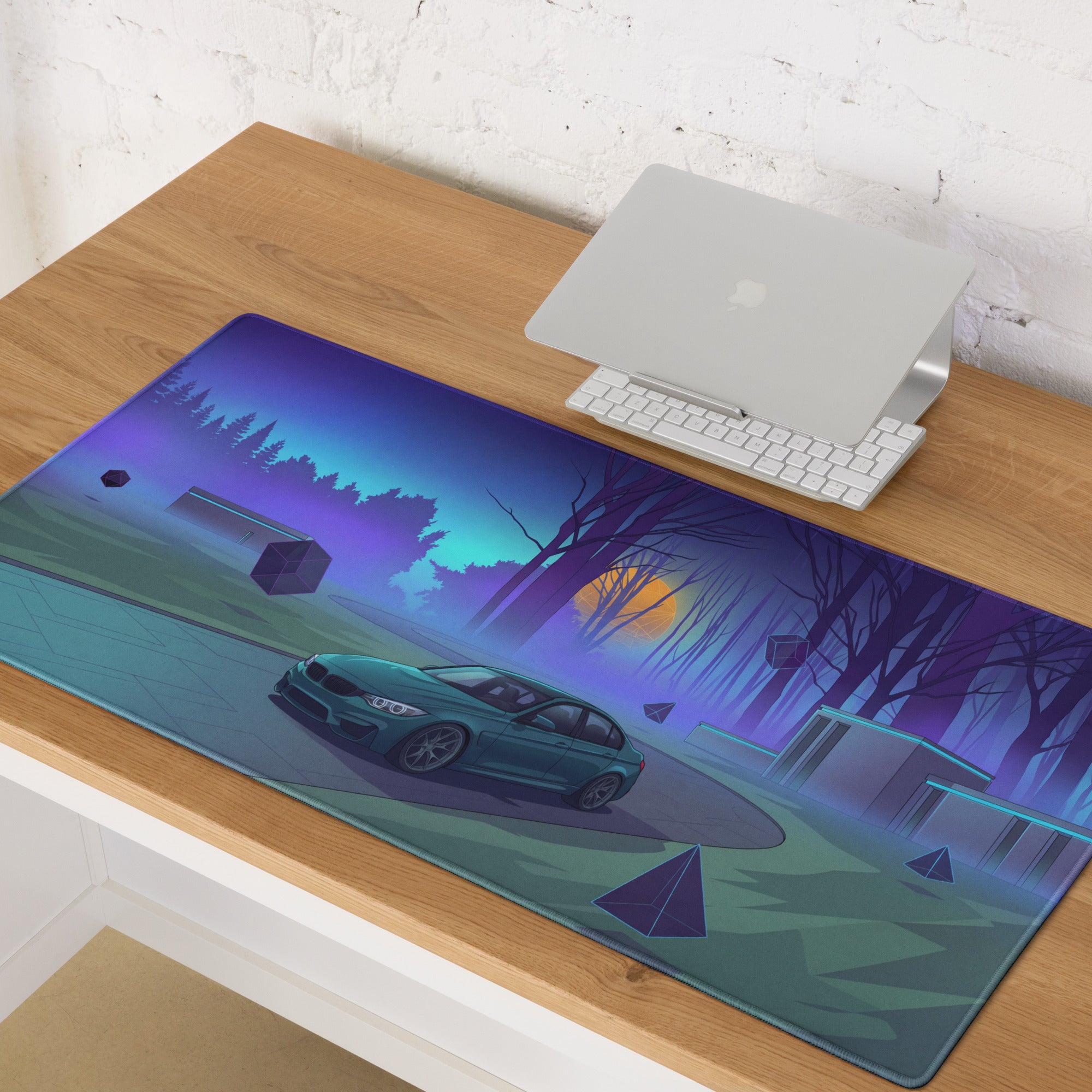 BMW M3 F80 Inspired Teal Blue Vaporwave Gaming Mouse Pad, Retro Futuristic Sports Sedan Desk Mat with Neon Forest Sunset Artwork