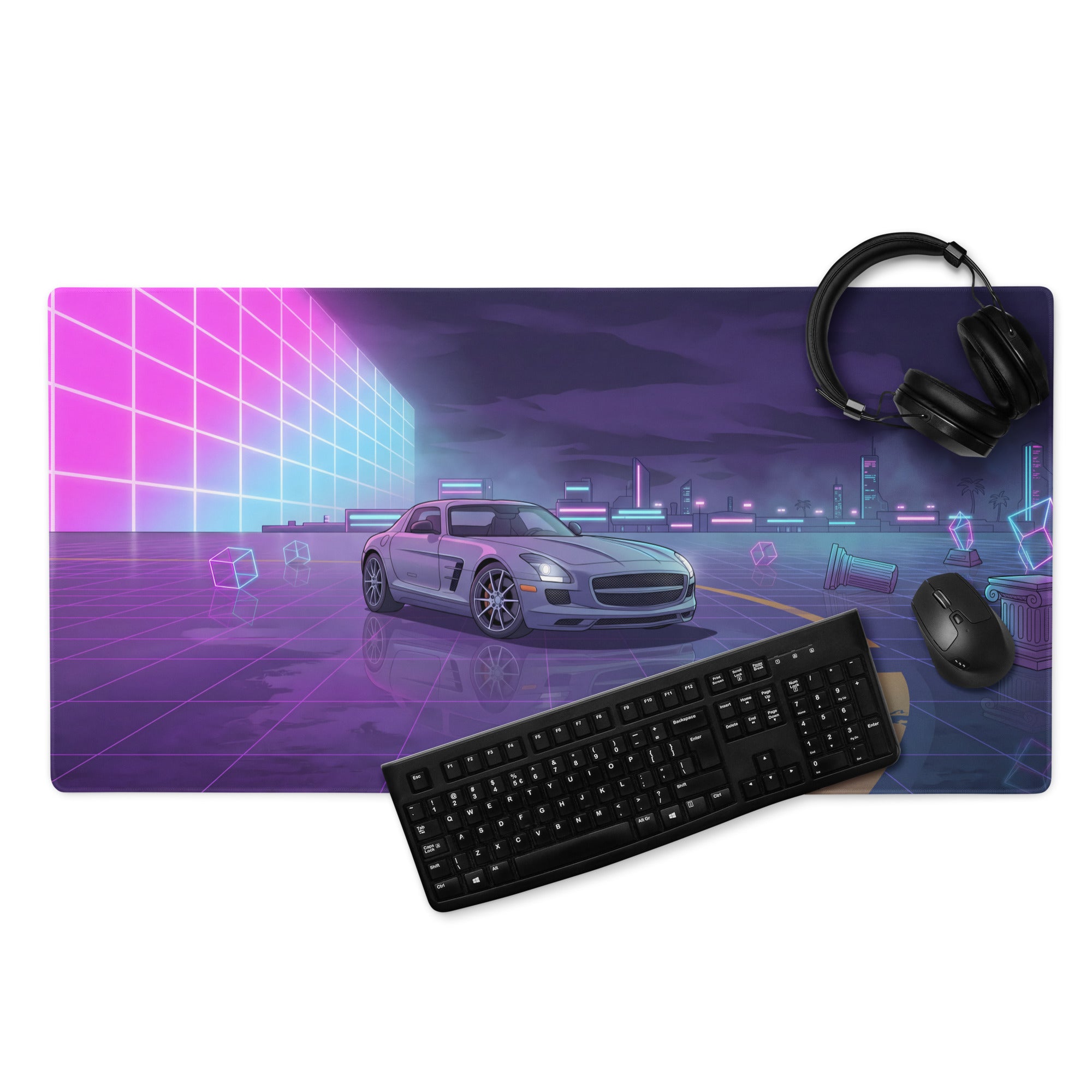Mercedes-Benz SLS AMG Inspired Silver Purple Vaporwave Gaming Mouse Pad, Neon Supercar Desk Mat with Retro Futuristic Cyberpunk City Artwork