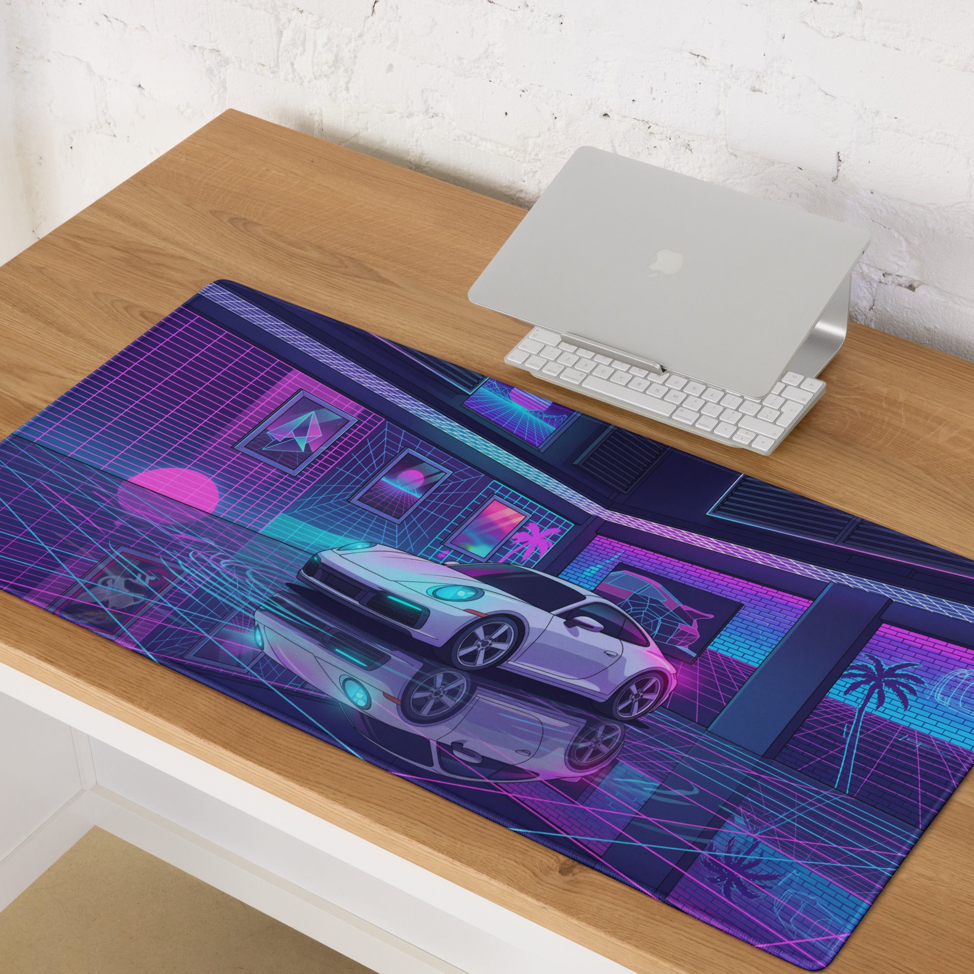 Porsche 911 Carrera Inspired White Pink Vaporwave Gaming Mouse Pad, Neon Sports Car Desk Mat with Retro Futuristic Cyberpunk Garage Artwork