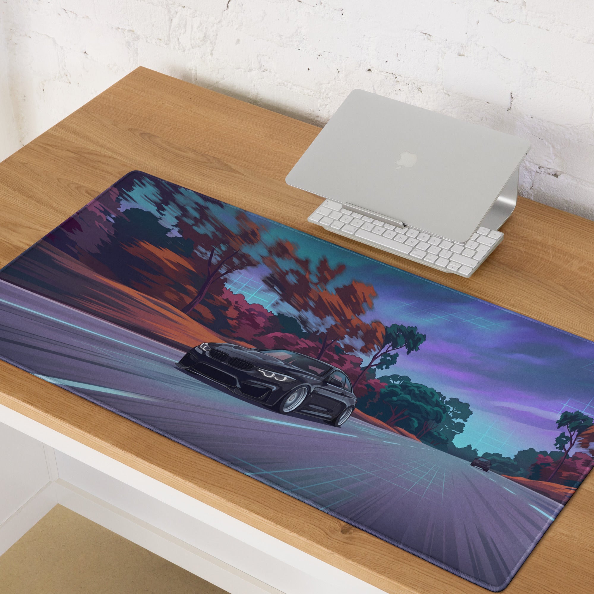 BMW M4 F82 Inspired Black Purple Vaporwave Gaming Mouse Pad, High-Speed Sports Coupe Desk Mat with Retro Futuristic Forest Highway Artwork