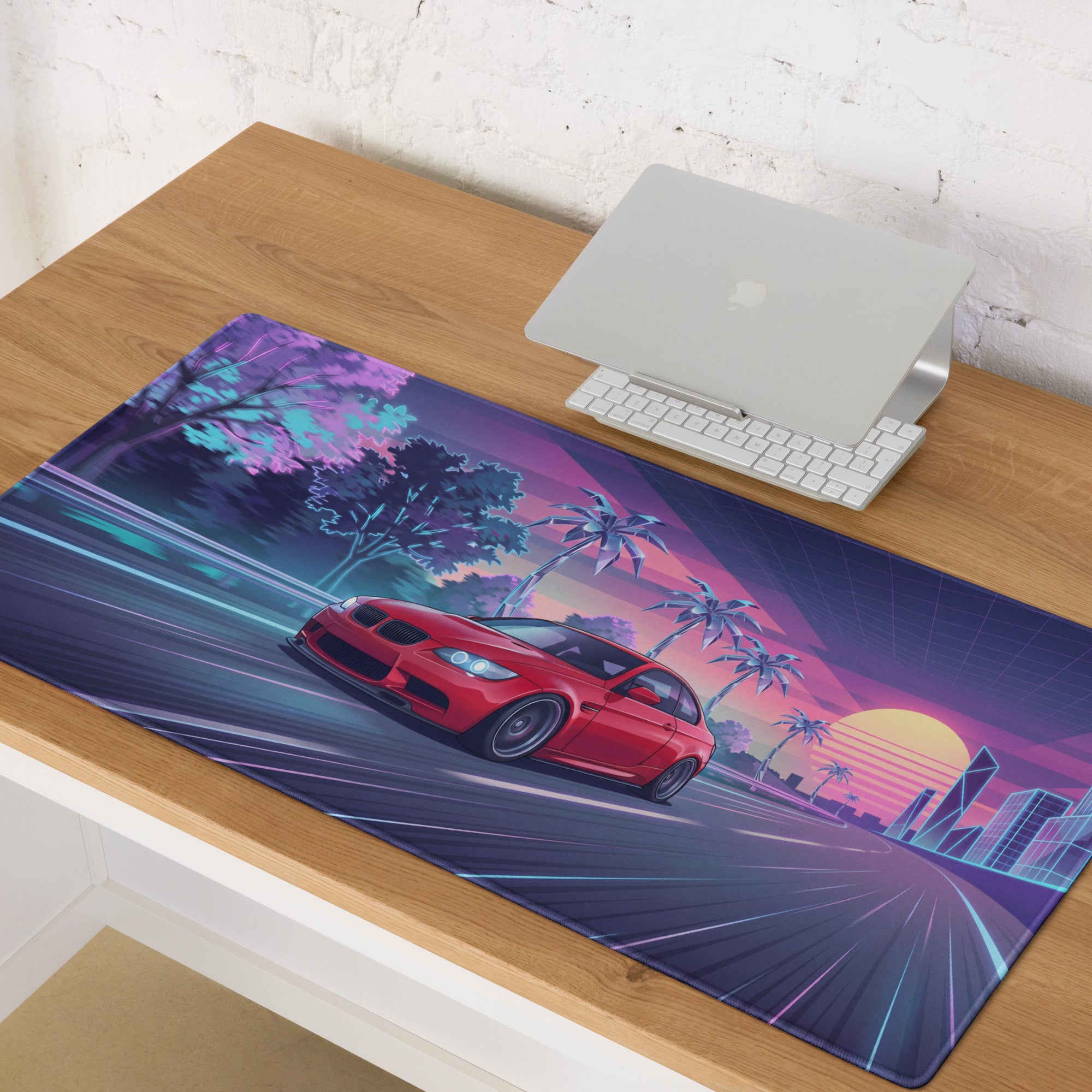 BMW M3 E92 Inspired Red Purple Vaporwave Gaming Mouse Pad, Neon Sports Coupe Desk Mat with Retro Futuristic Palm Tree Sunset Highway Artwork