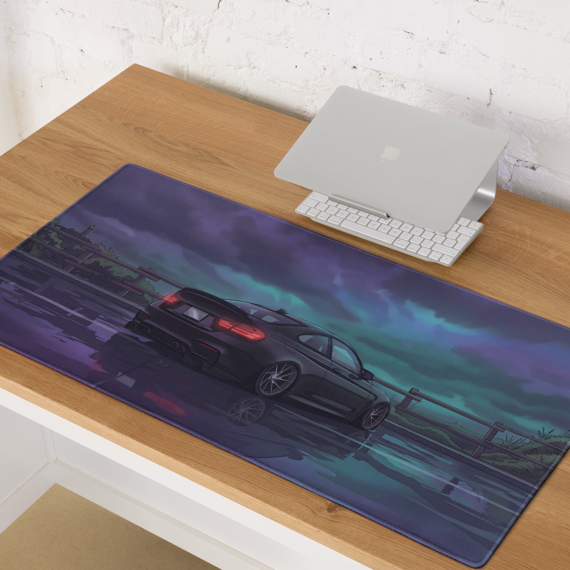 BMW M3 F80 Inspired Black Purple Vaporwave Gaming Mouse Pad, Moody Sports Sedan Desk Mat with Stormy Coastal Road Artwork