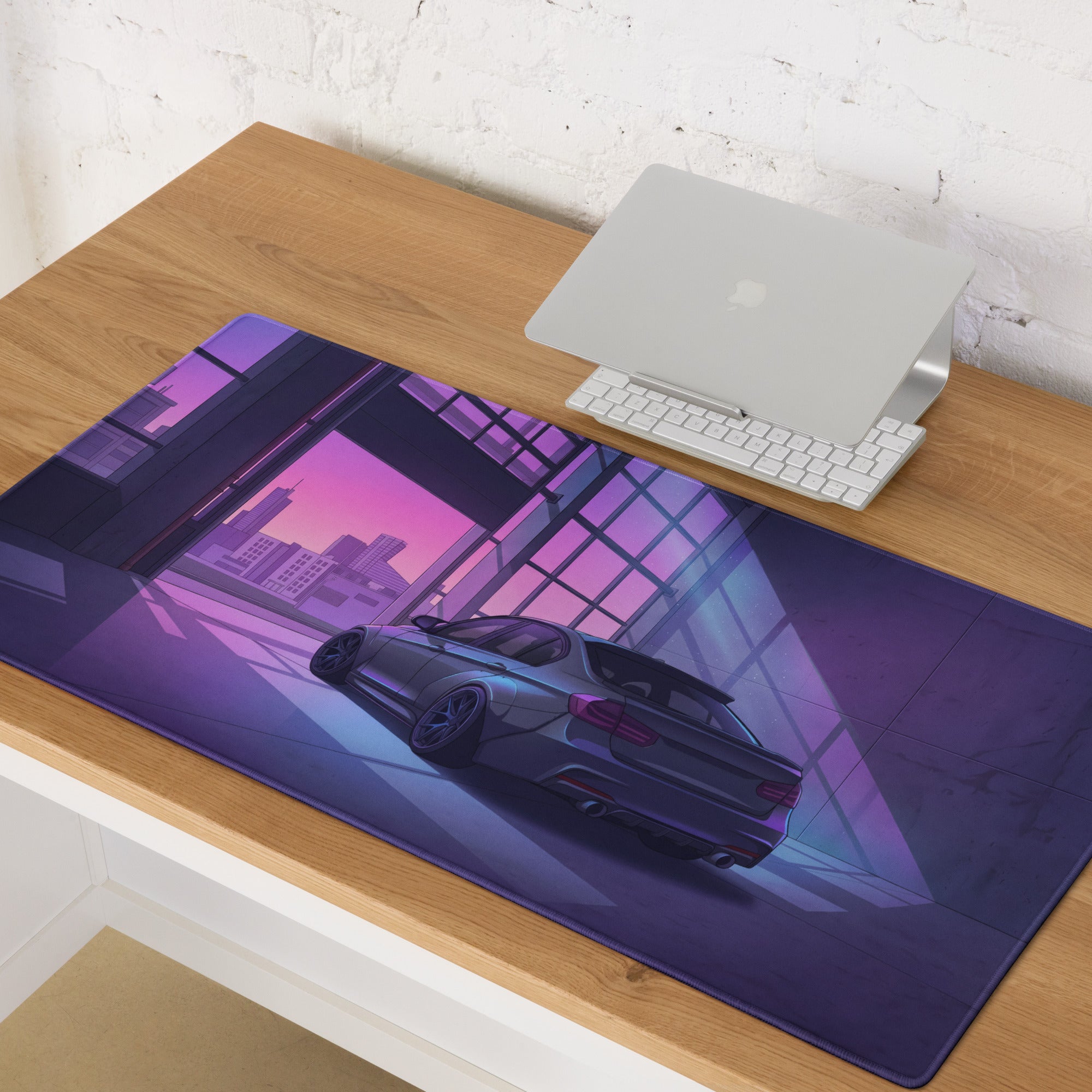 BMW M3 Inspired Black Purple Vaporwave Gaming Mouse Pad, Neon Luxury Coupe Desk Mat with Futuristic City Garage Artwork
