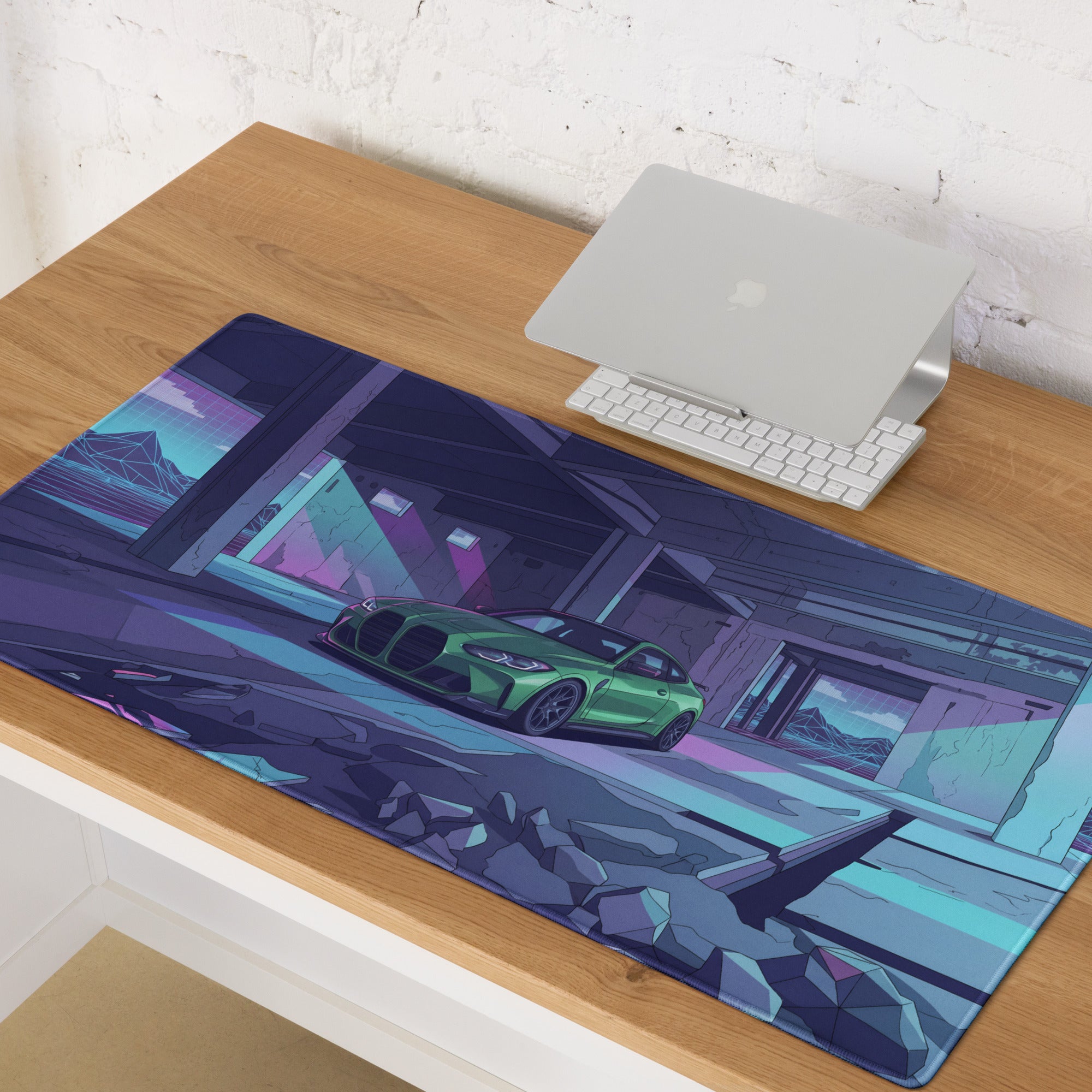 BMW M4 G82 Inspired Green Purple Vaporwave Gaming Mouse Pad, Neon Sports Coupe Desk Mat with Futuristic Ruined Garage Artwork