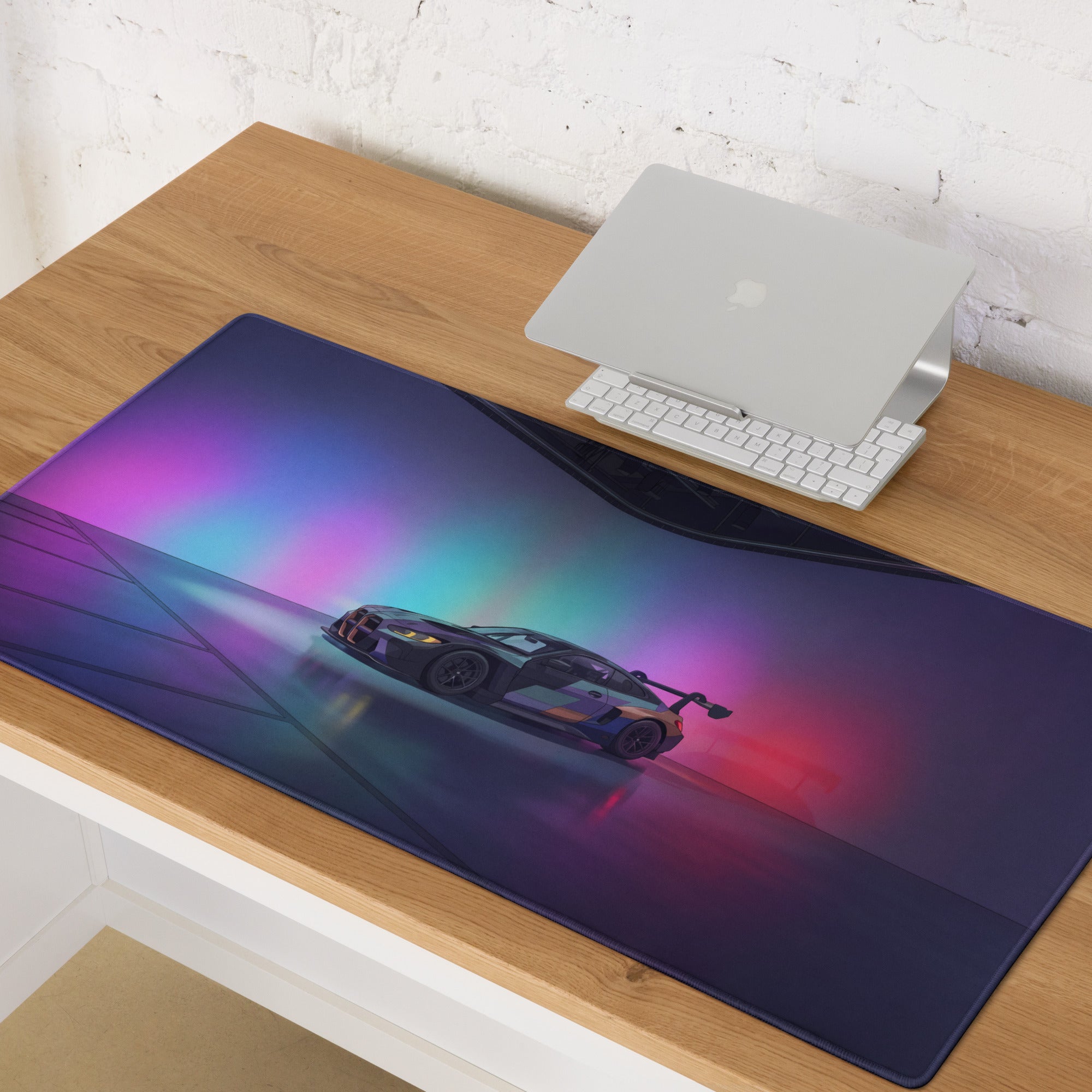 BMW M4 GT3 Inspired Black Blue Vaporwave Gaming Mouse Pad, Neon Race Car Desk Mat with Futuristic Studio Lighting Artwork