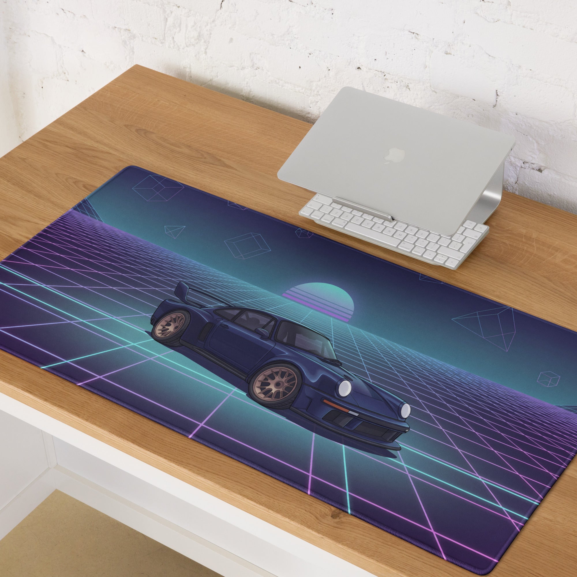 Porsche 911 GT2 993 Inspired Blue Purple Vaporwave Gaming Mouse Pad, Widebody Supercar Desk Mat with Neon Retro Futuristic Grid Artwork