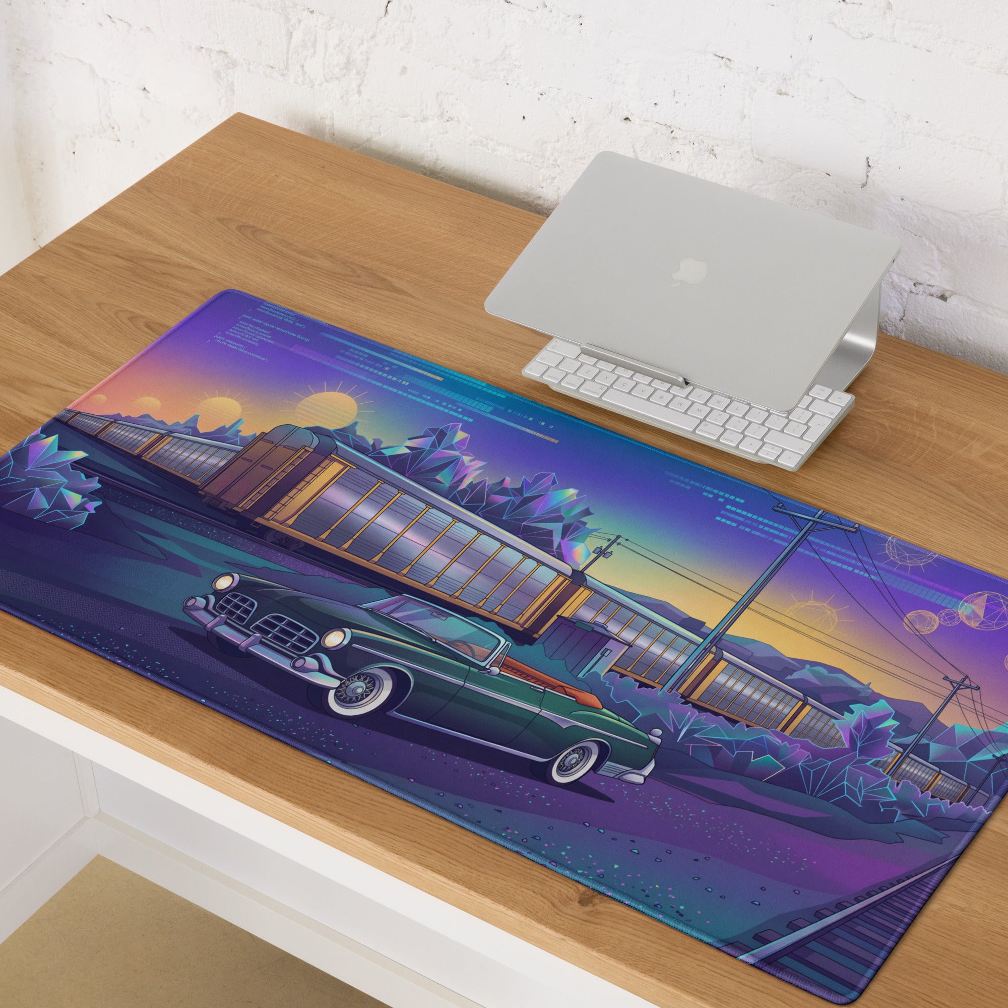 Facel Vega HK500 Inspired Green Blue Vaporwave Gaming Mouse Pad, Retro Luxury Coupe Desk Mat with Neon Mid-Century Roadside Artwork