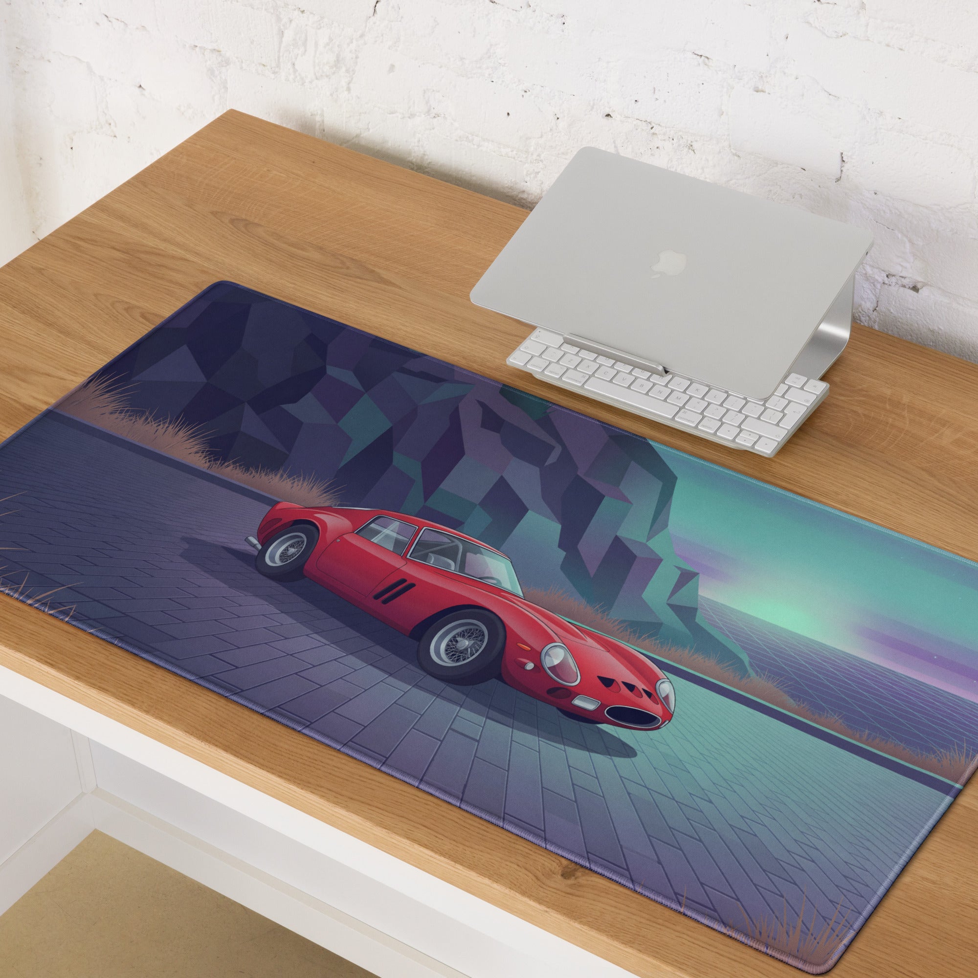 Ferrari 250 GTO Inspired Red Purple Vaporwave Gaming Mouse Pad, Classic Italian Race Car Desk Mat with Retro Futuristic Mountain Road Artwork