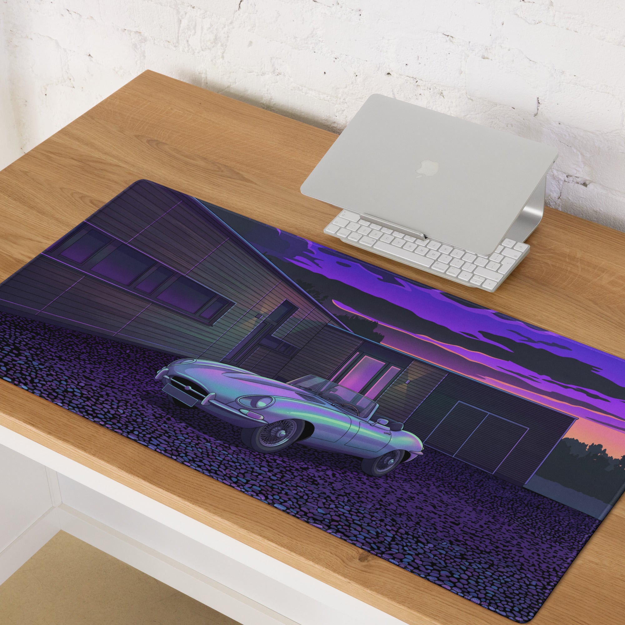 Jaguar E-Type Roadster Inspired Silver Purple Vaporwave Gaming Mouse Pad, Classic British Sports Car Desk Mat with Neon Twilight Garage Artwork
