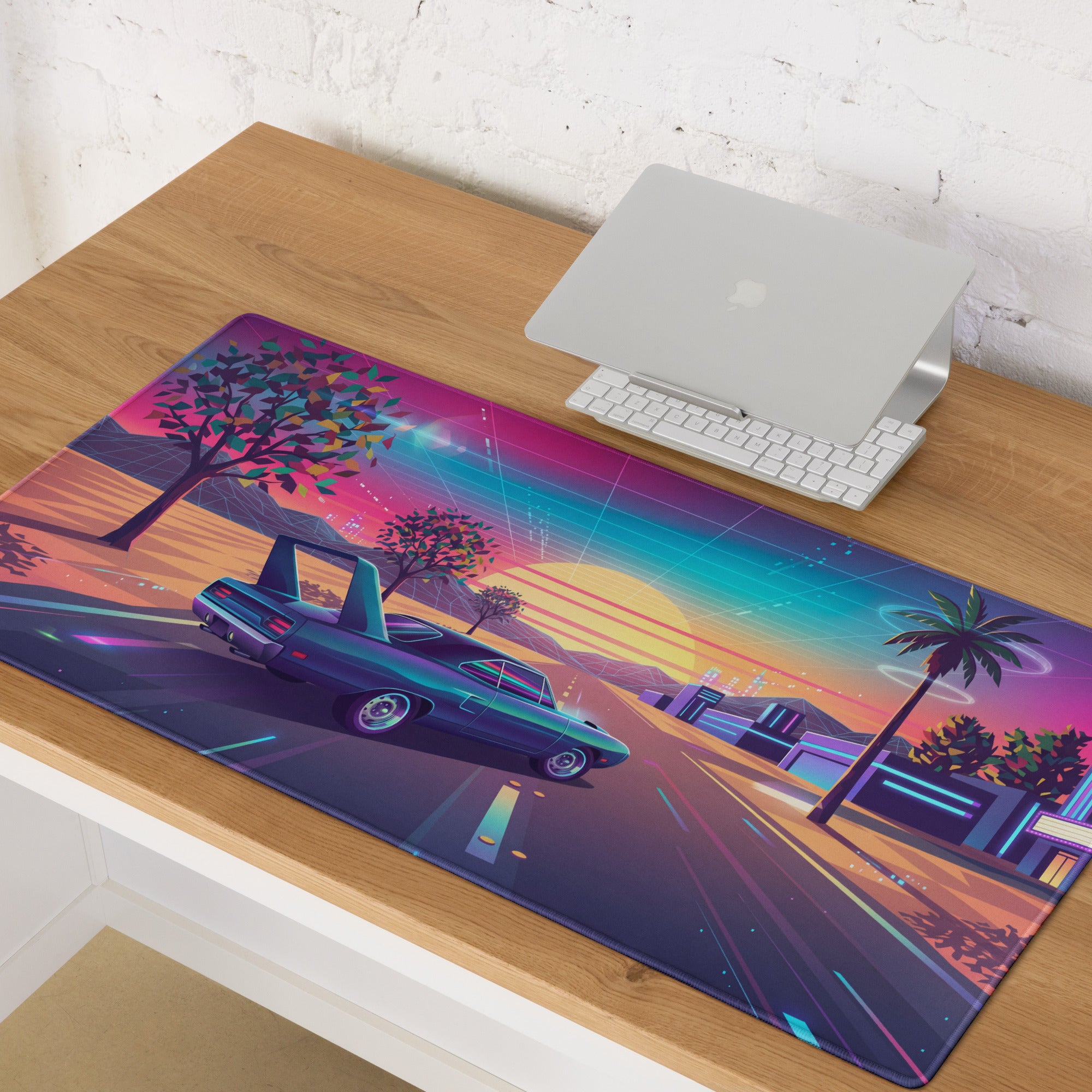 Plymouth Superbird Inspired Teal Pink Vaporwave Gaming Mouse Pad, Classic Winged Muscle Car Desk Mat with Neon Retro Futuristic Sunset Artwork