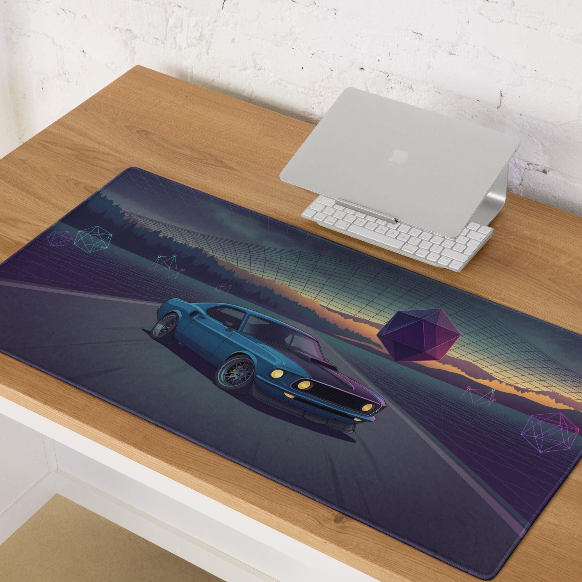1969 Ford Mustang Fastback Inspired Blue Purple Vaporwave Gaming Mouse Pad, Classic Muscle Car Desk Mat with Neon Geometric Sunset Artwork