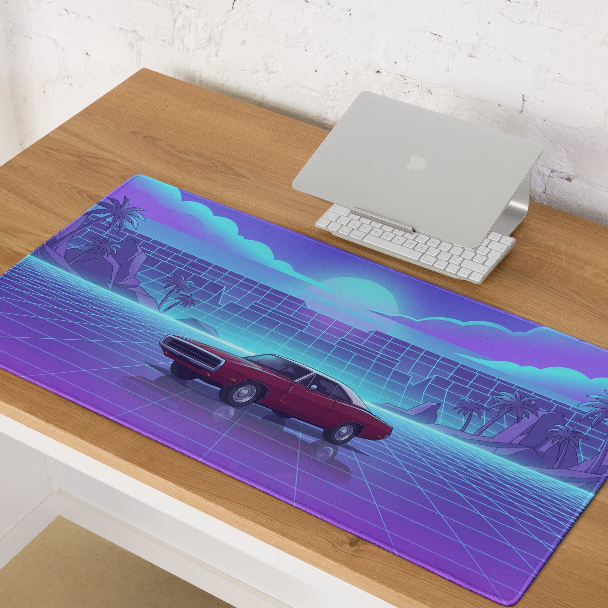 1969 Dodge Charger R/T Inspired Red Blue Vaporwave Gaming Mouse Pad, Classic Muscle Car Desk Mat with Neon Grid Sunset Artwork