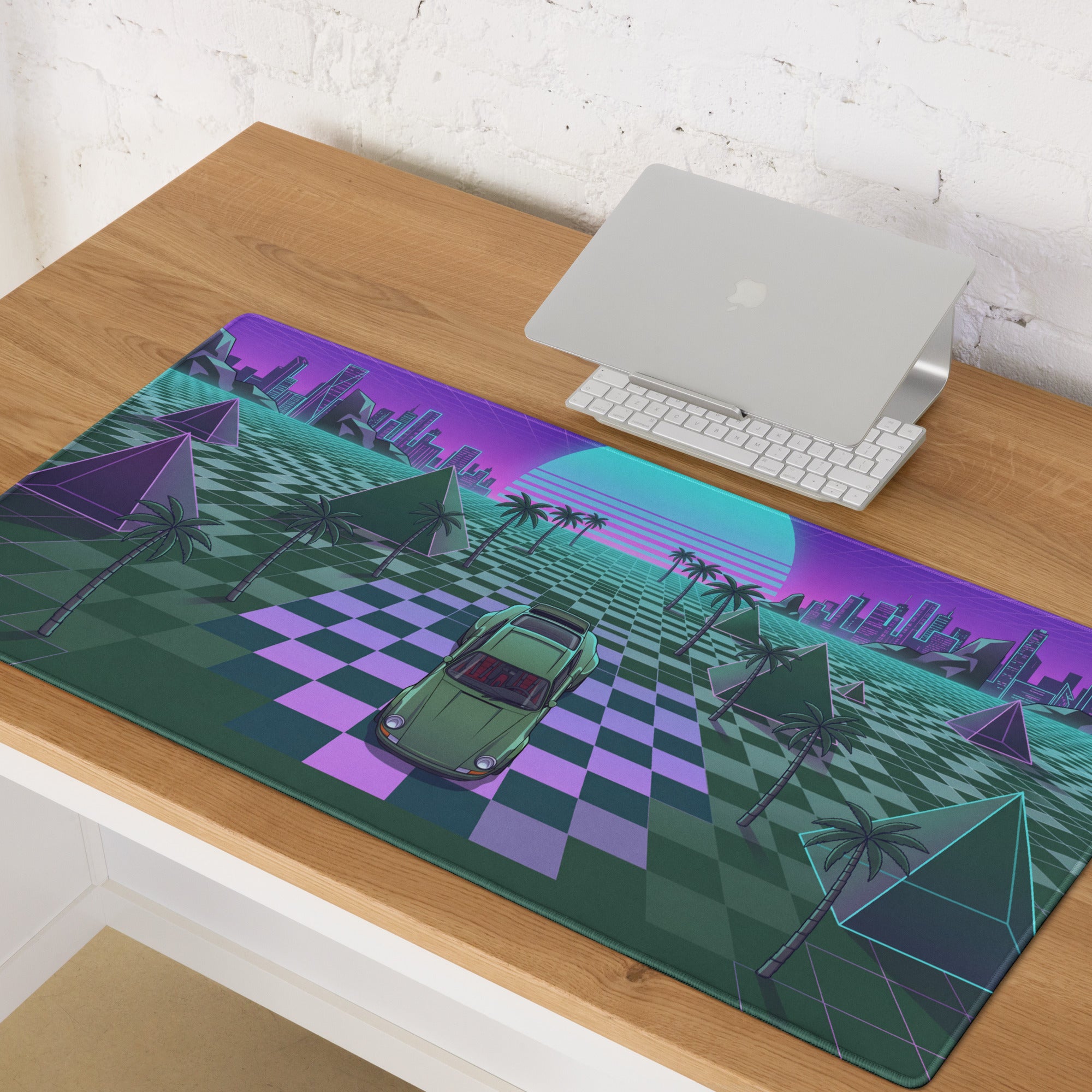 Porsche 911 Inspired Green Purple Vaporwave Gaming Mouse Pad, Classic Sports Car Desk Mat with Checkerboard Grid, Palm Trees and Neon Sunset Artwork